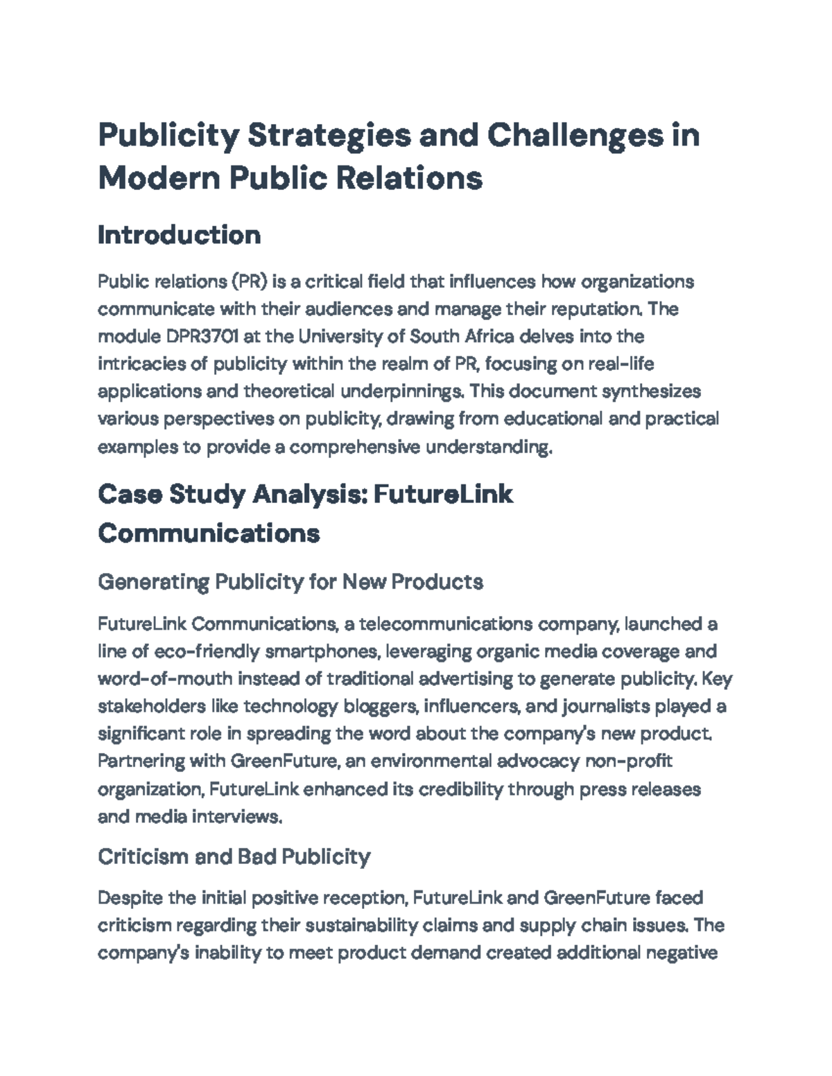 Publicity Strategies in PR: Case Study of FutureLink (DPR3701 ...