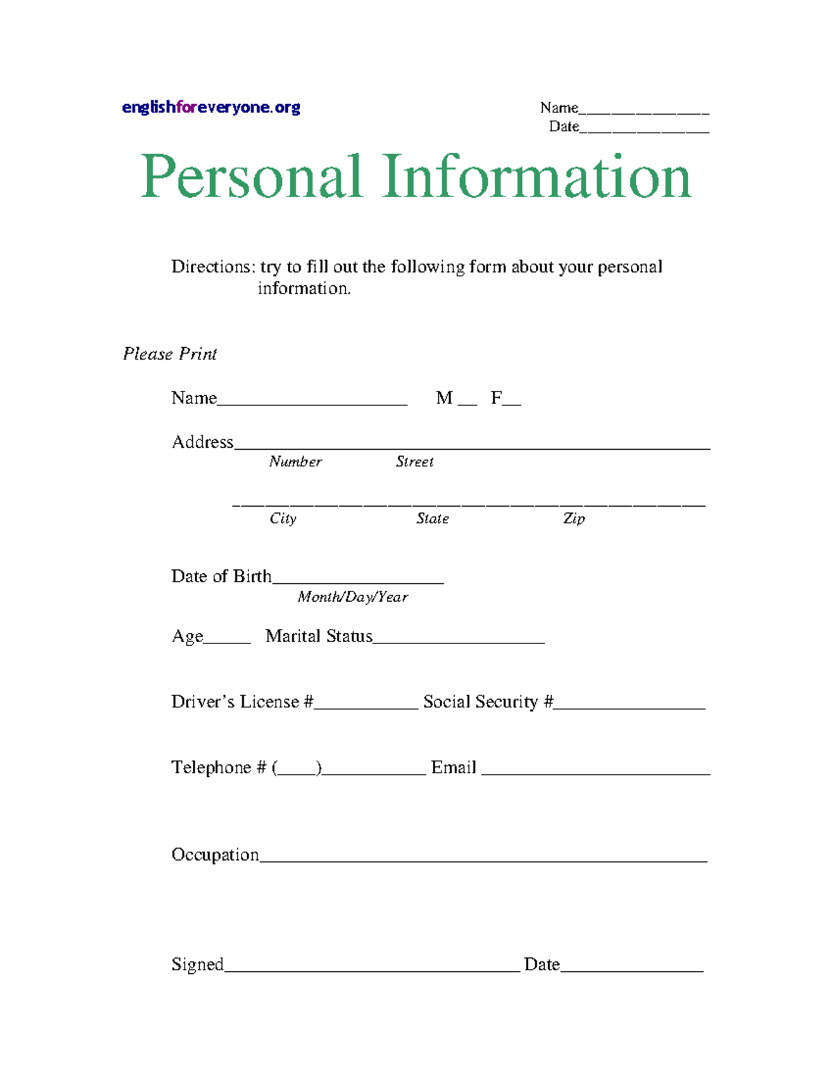 MED 1: Personal Information and Medical Vocabulary Exercises - Document Preview