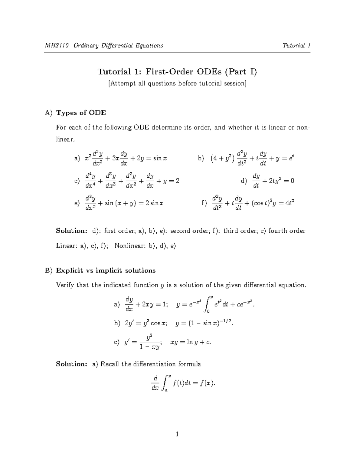 MH3110 Ordinary Differential Equations Tutorial 1 Solutions and ...