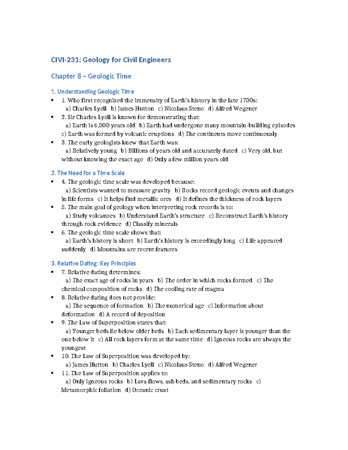 Geology for Civil Engineers (CE 101) Chapter 8 MCQs on Geologic Time ...