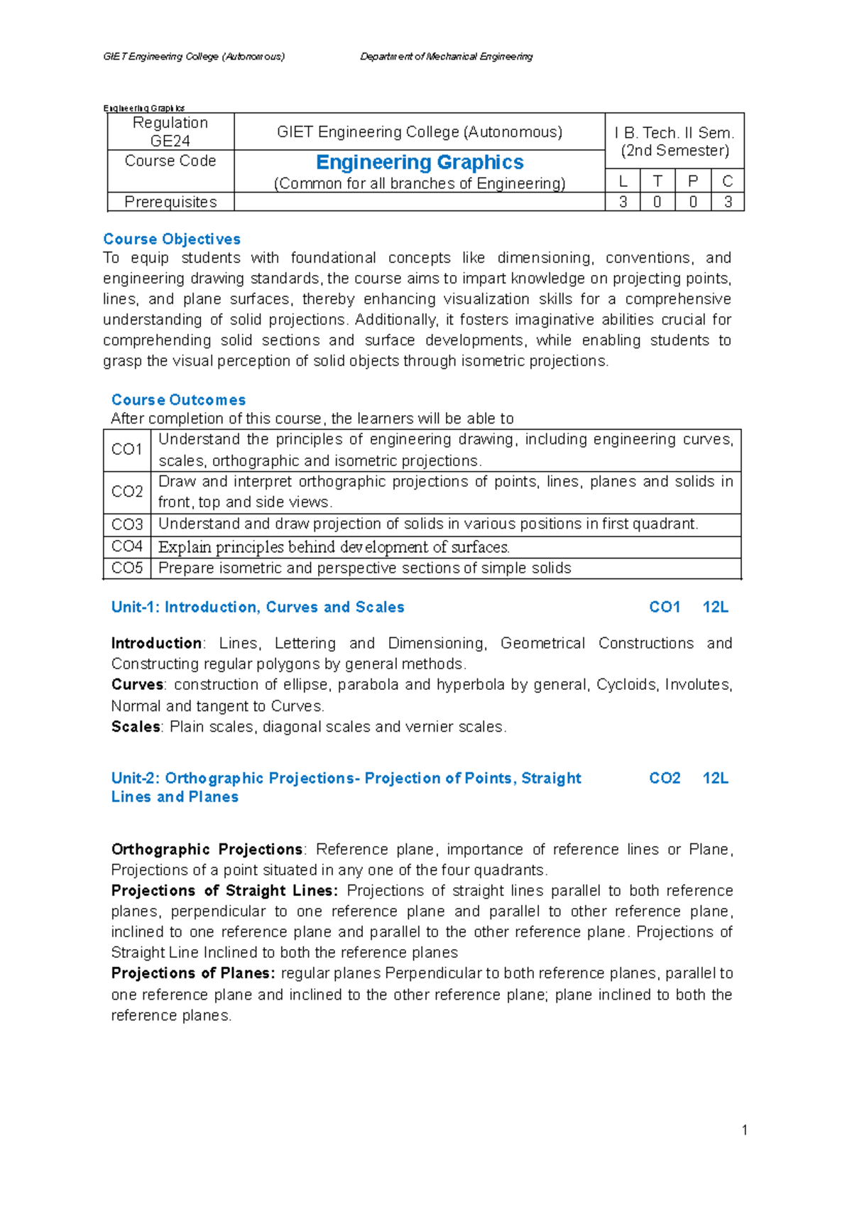 Engineering Graphics Course Overview and Objectives - GE24 - Studocu