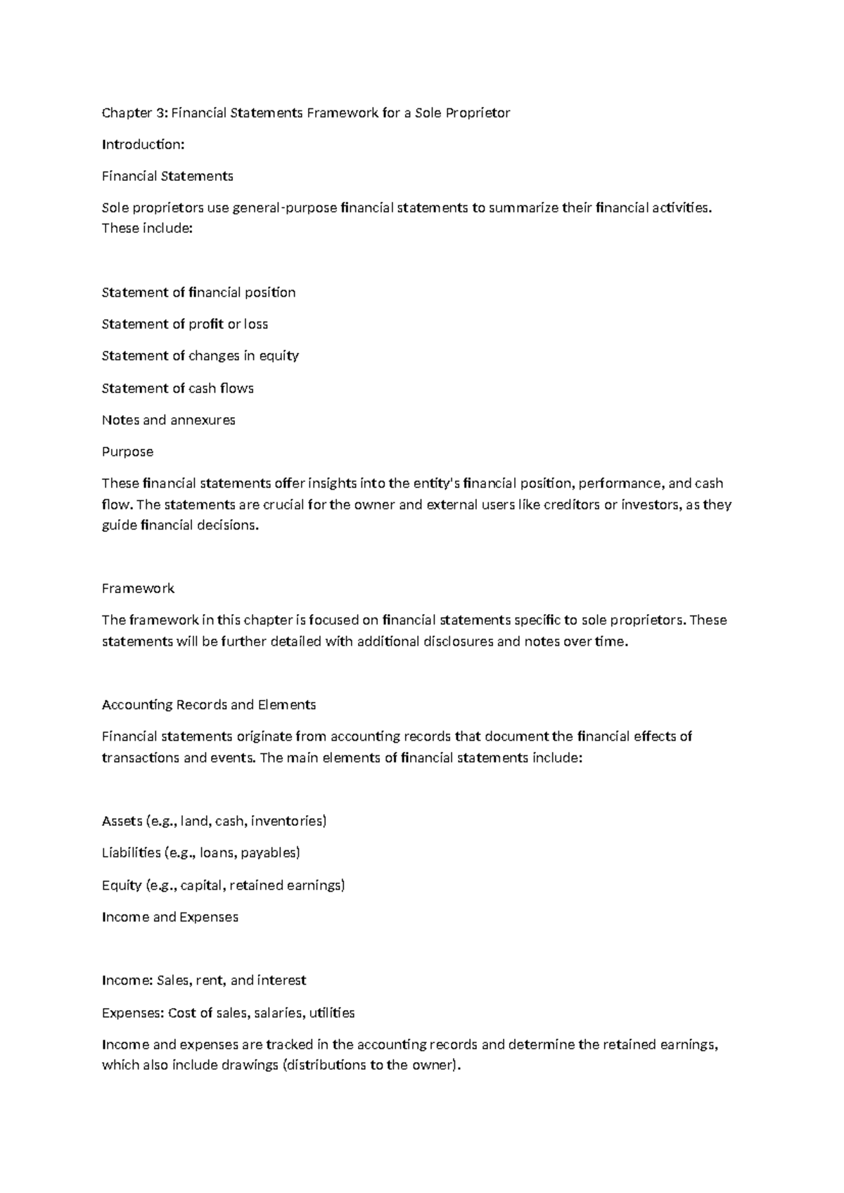 Accounting Notes - Summary of Financial Statements Framework for Sole ...