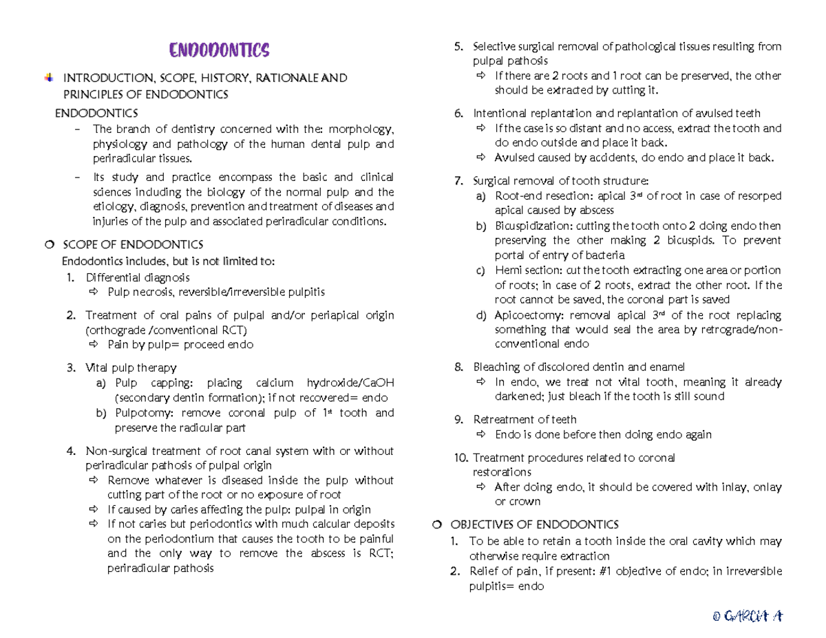 Endodontics- Notes - summary of endo - INTRODUCTION, SCOPE, HISTORY ...