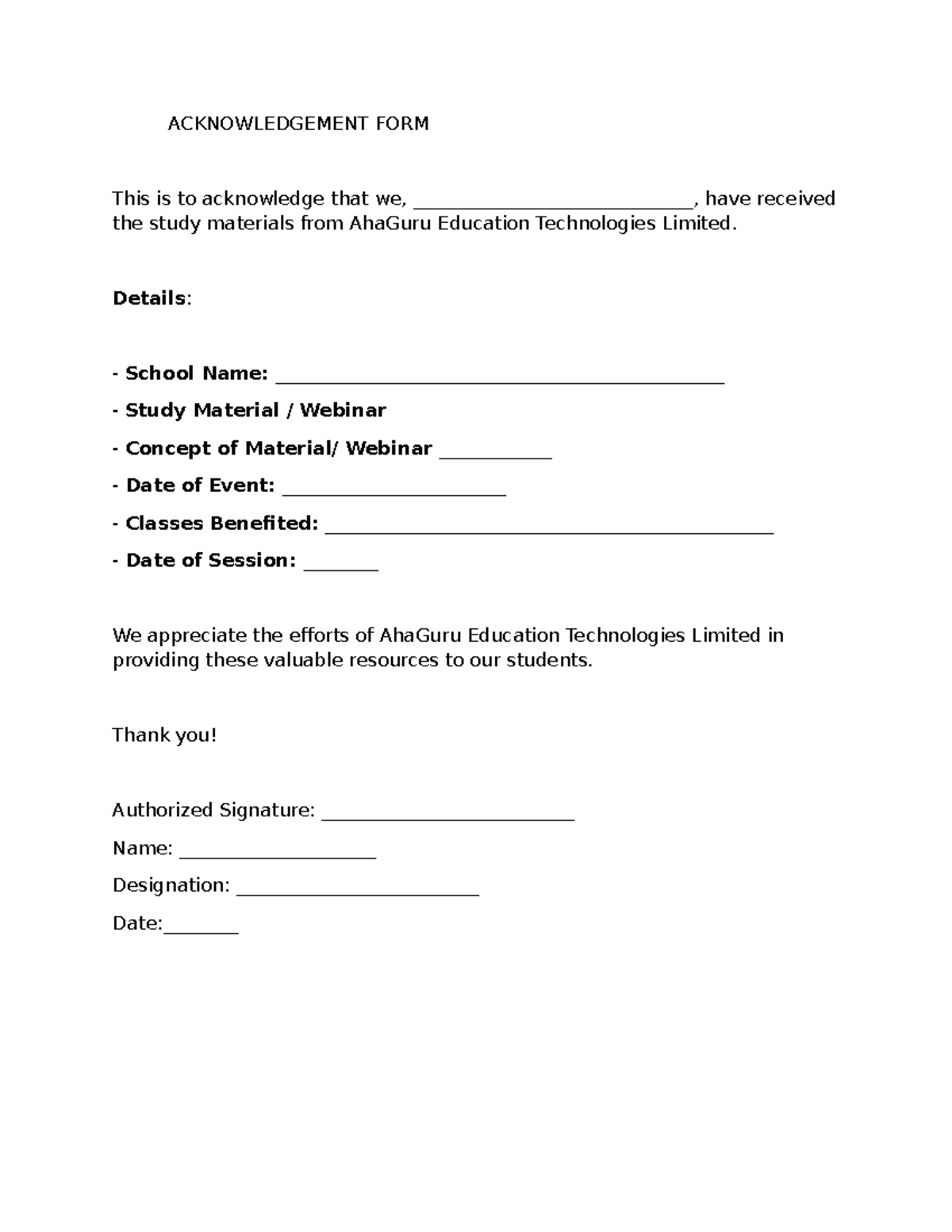 Acknowledgement form AG - ACKNOWLEDGEMENT FORM This is to acknowledge ...