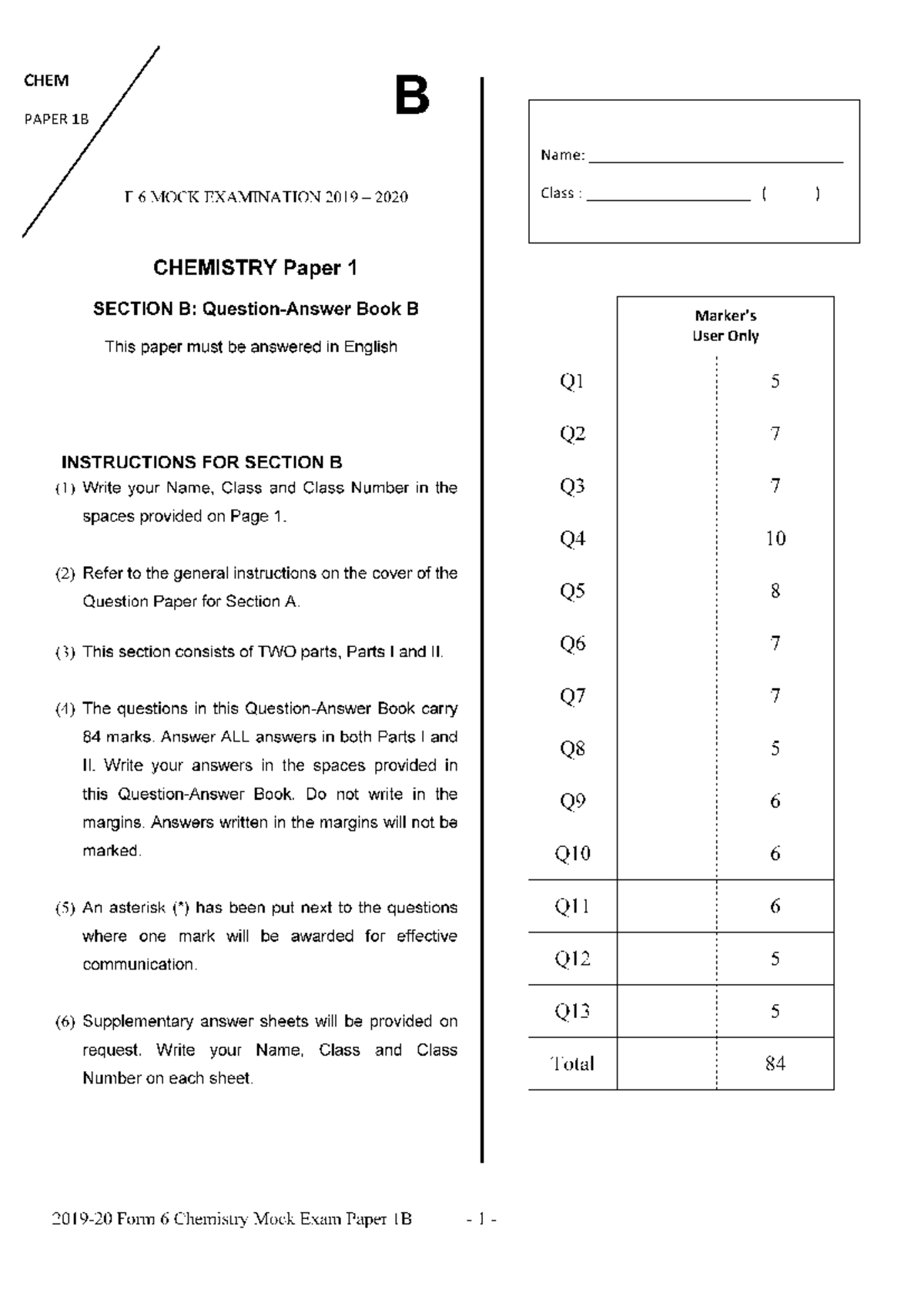 F6 Chemistry Mock Exam Paper 1B - Comprehensive Answer Guide - Studocu