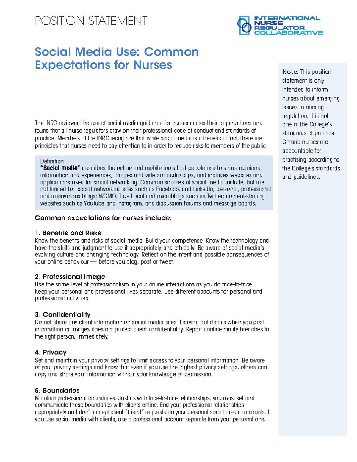 INRC Position Statement: Social Media Use Expectations for Nurses - Studocu