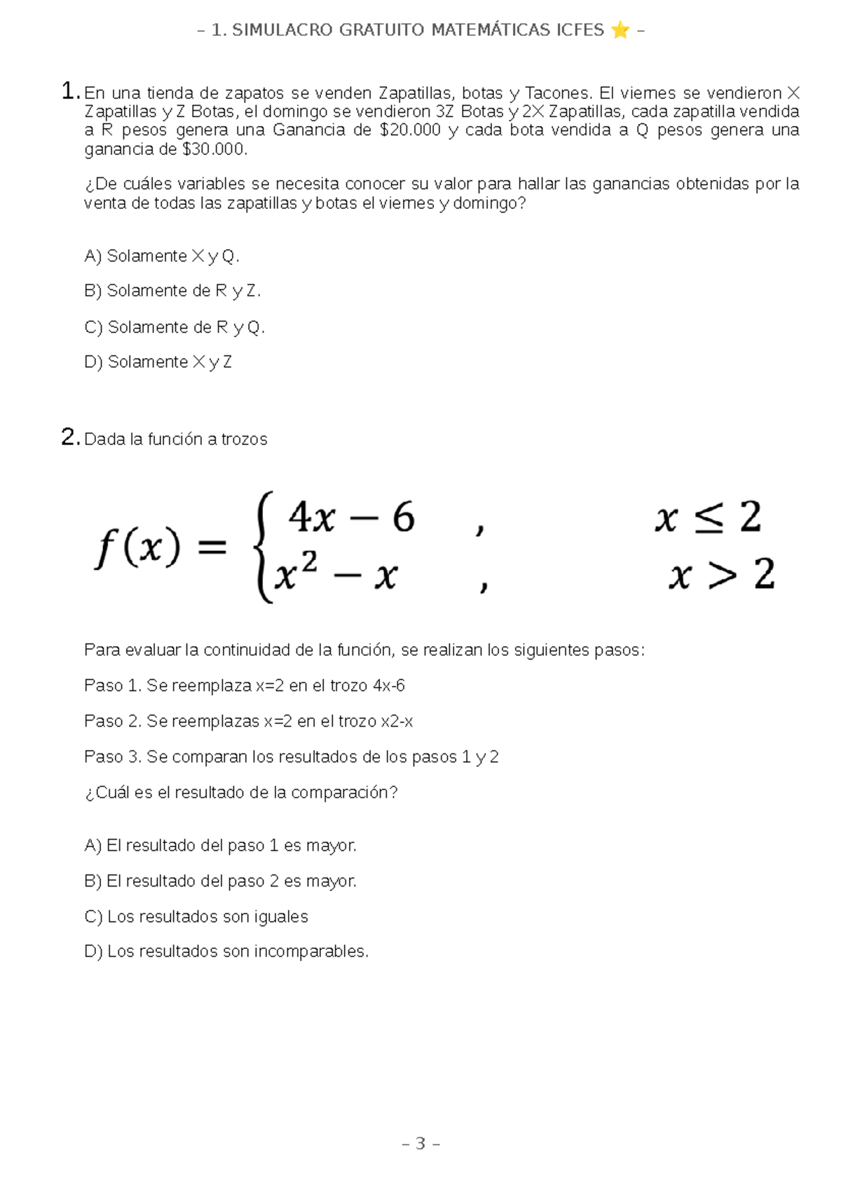 Simulacro Gratuito Matemáticas ICFES - Ejercicios y Respuestas - Studocu