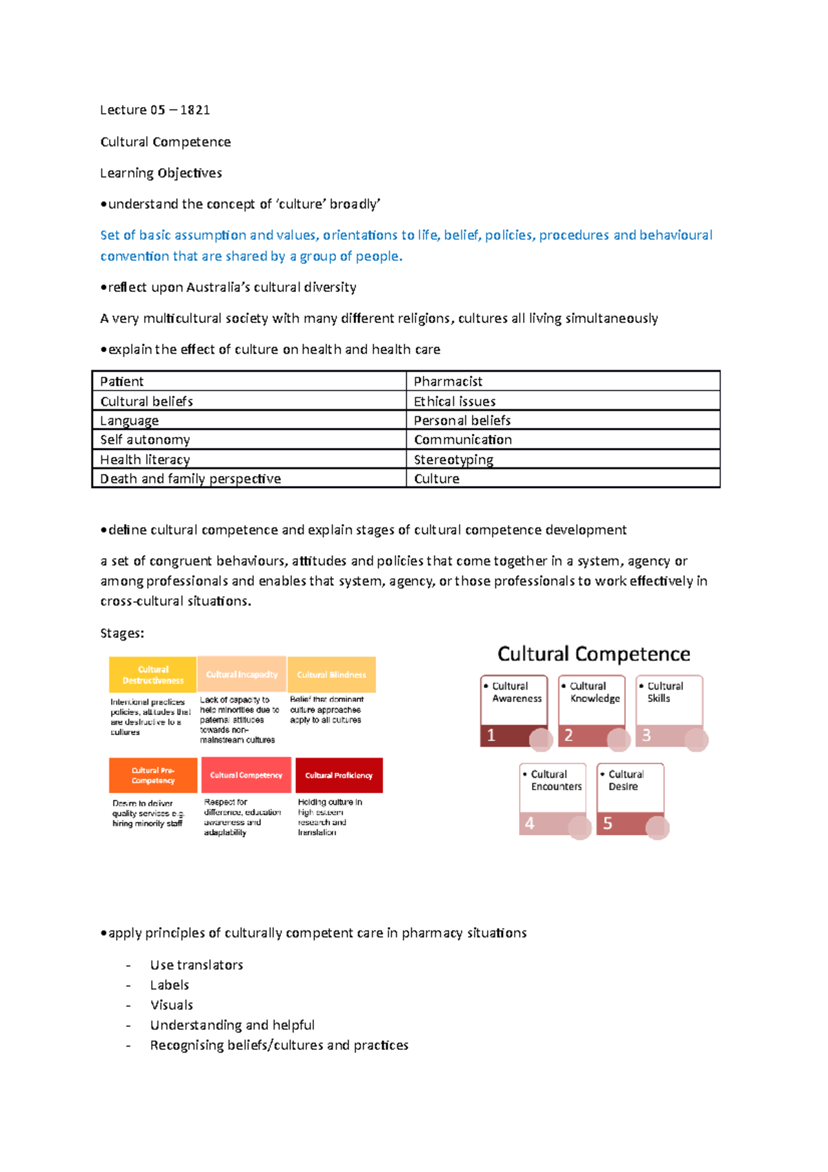 Cultural Competance - Bio Summaries Week 1 - Lecture notes 1 - Studocu
