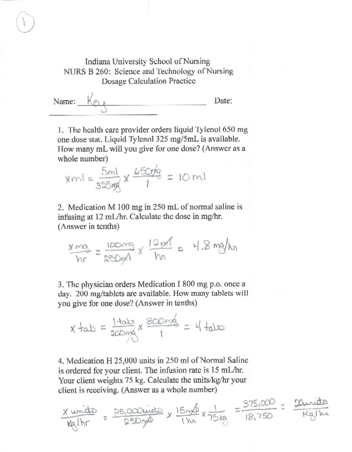 NURS B 260: Dosage Calculation Practice Exam Key - Indiana University ...