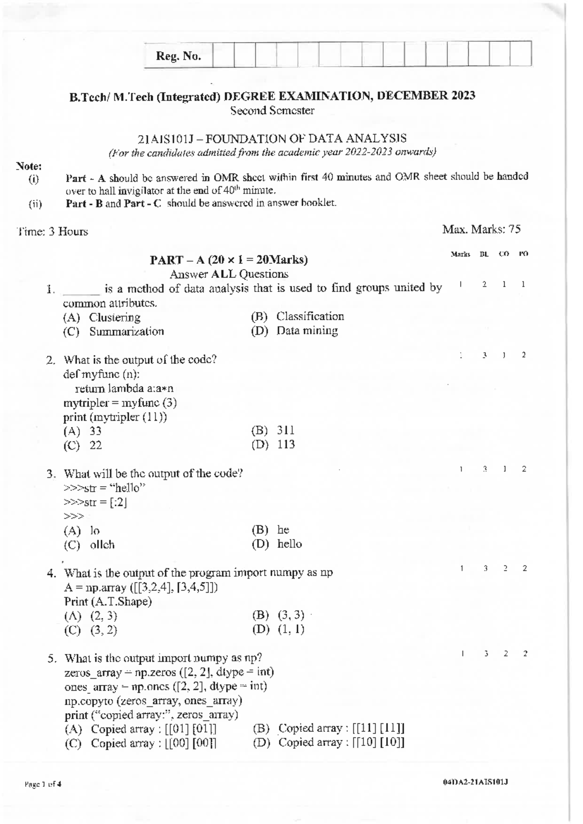 21AIS101J - Foundation of Data Analysis Test Preparation Guide - Studocu