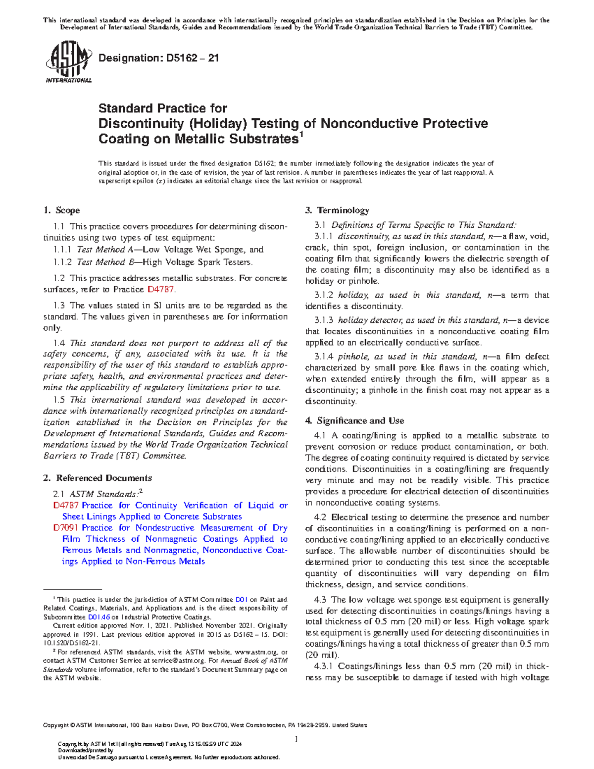 ASTM D5162-21 Standard Practice for Holiday Testing of Coatings - Document Preview