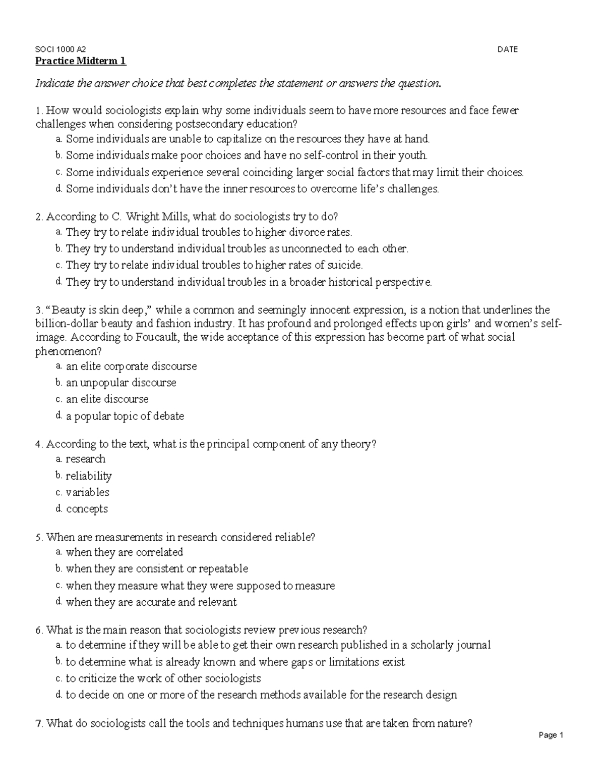SOCI A2 Practice Midterm 1 Study Guide with Answers - Studocu