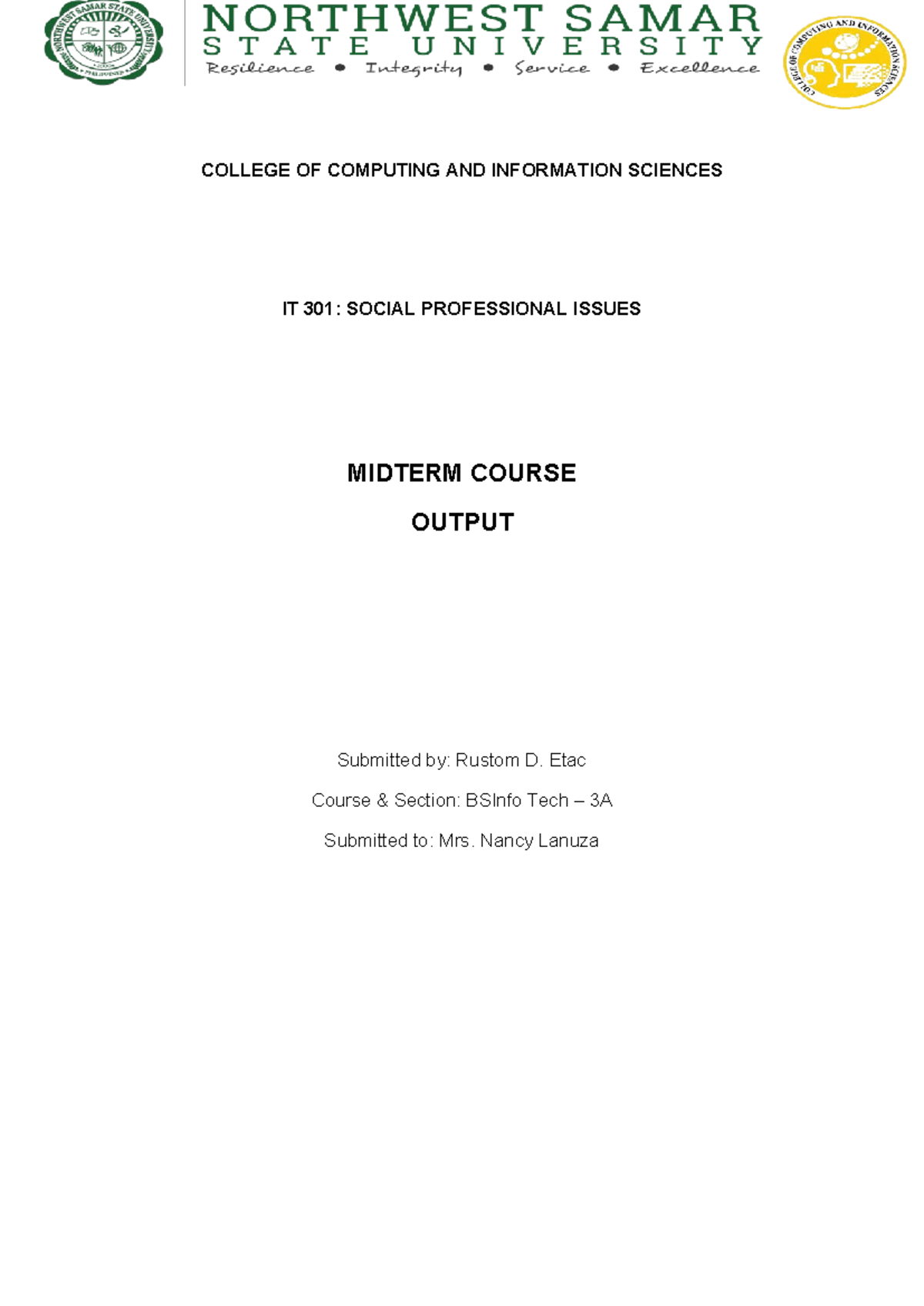 IT 301 Midterm Course Output - Social Professional Issues - Studocu