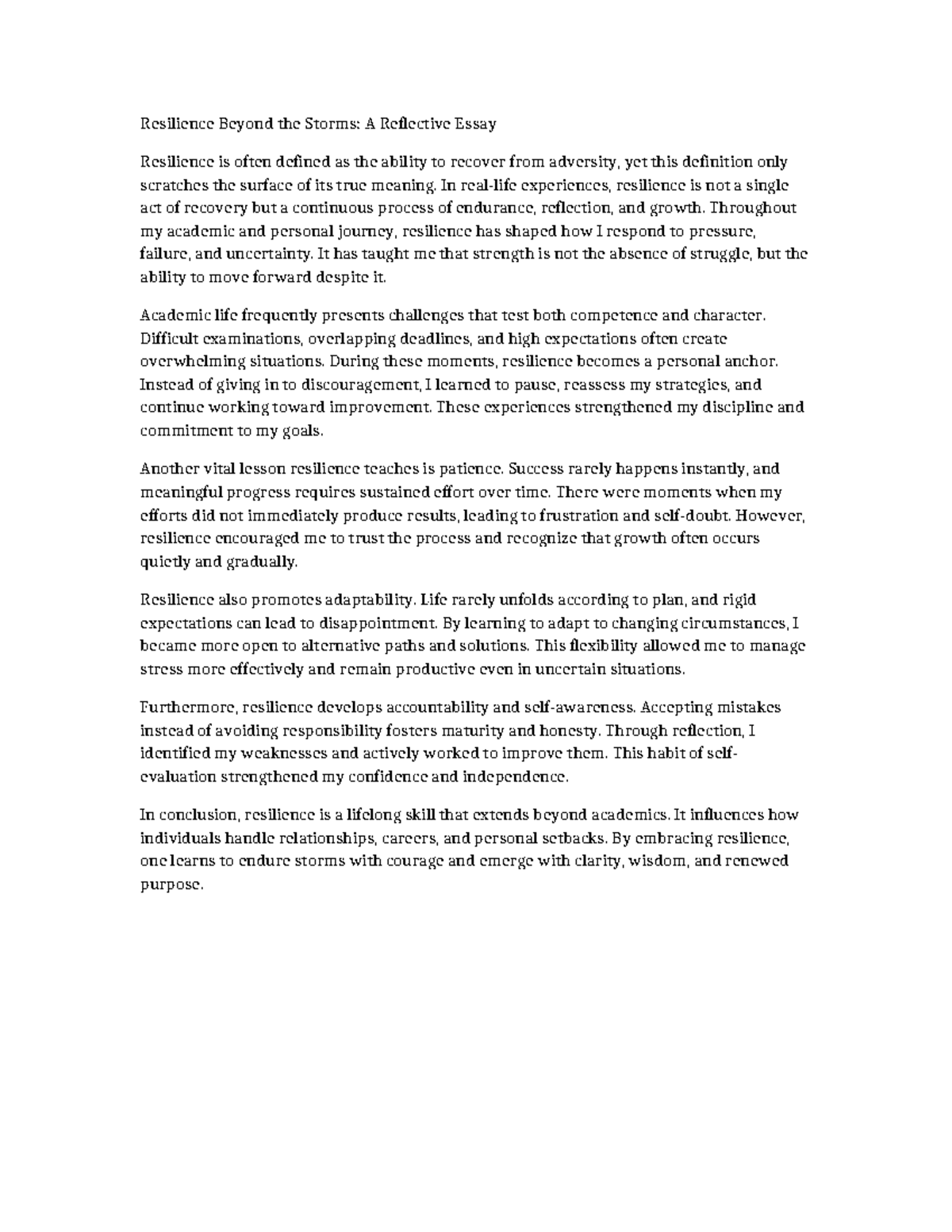 Reflective Essay on Resilience: Lessons from Adversity - Studocu