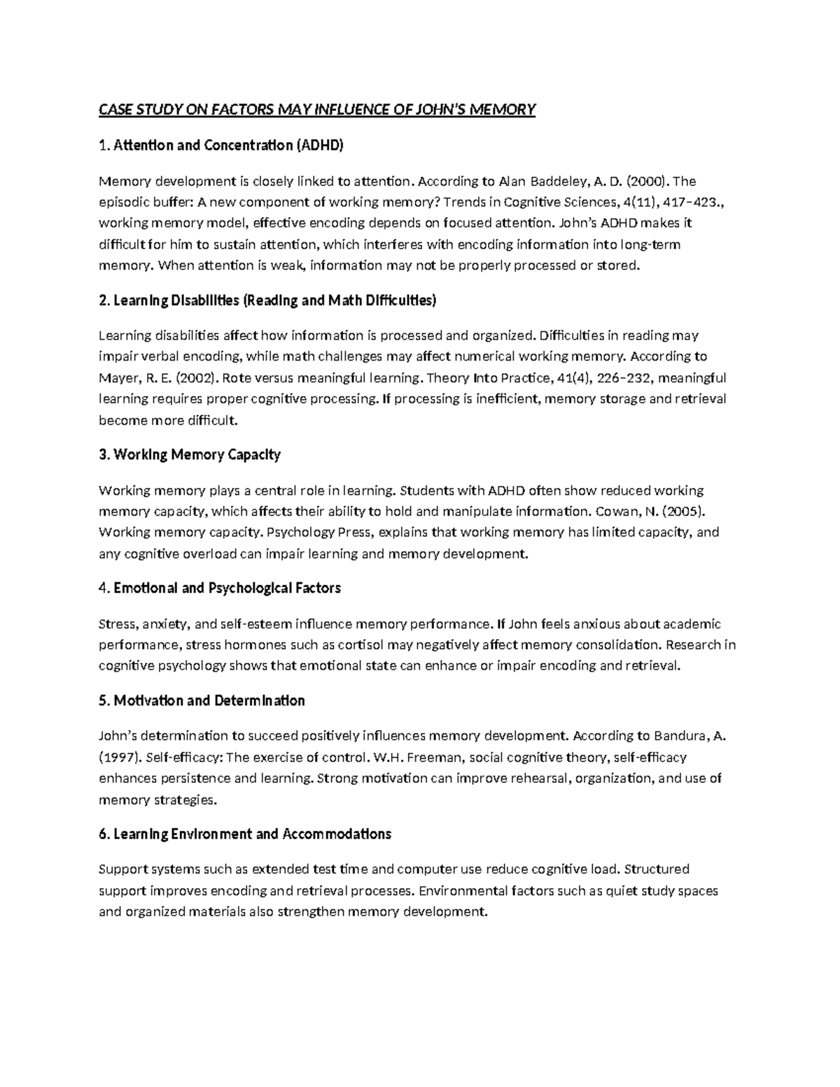 CASE STUDY ON FACTORS INFLUENCING MEMORY DEVELOPMENT - Studocu