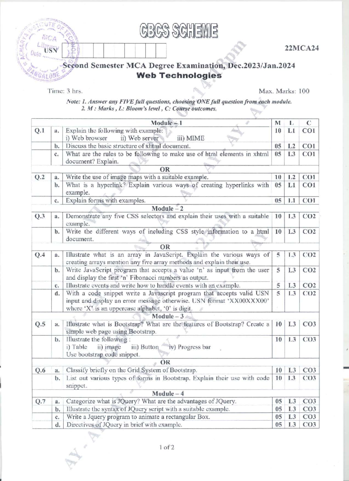 22MCA24 - Web Technologies Second Semester Exam Question Paper - Studocu