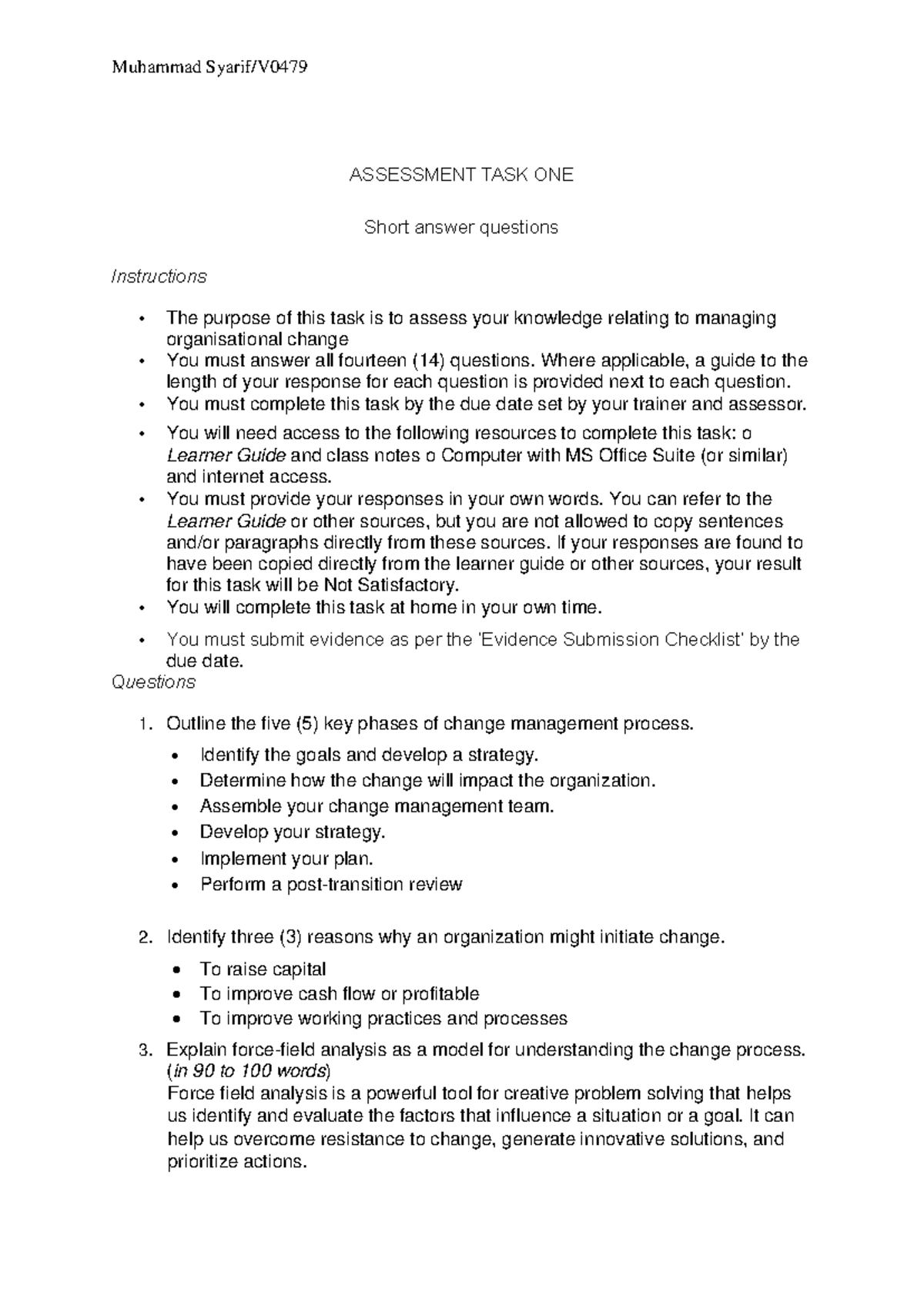 Assessment TASK ONE - ASSESSMENT TASK ONE Short answer questions ...