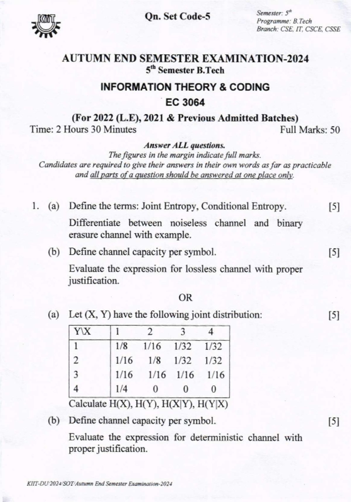 Information Theory & Coding End Sem - Qn. Set Code-S *rrcste. f ...