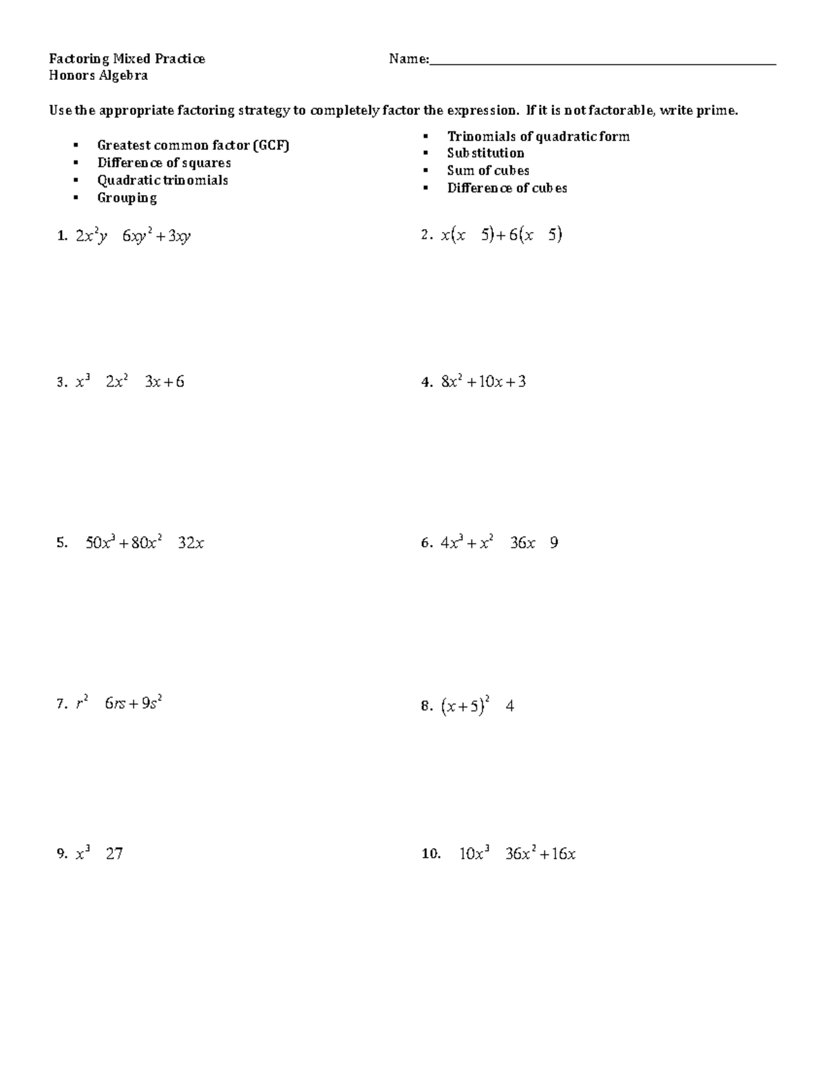 Factoring Mixed Practice: Honors Algebra Strategies and Examples - Studocu