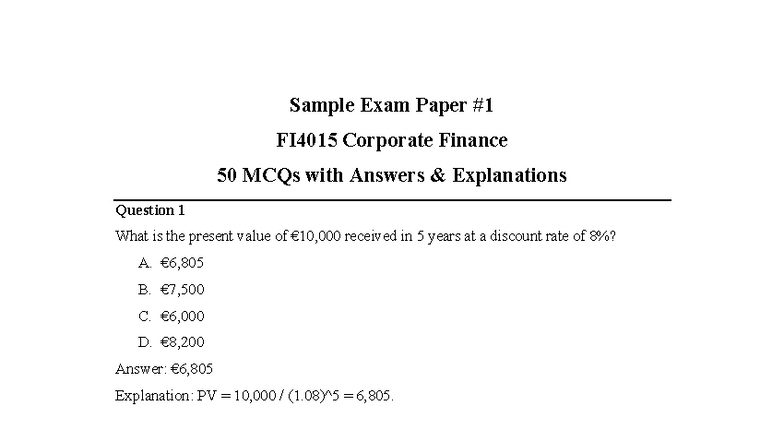 FI4015 Corporate Finance Sample Exam Paper: 50 MCQs with Answers - Studocu