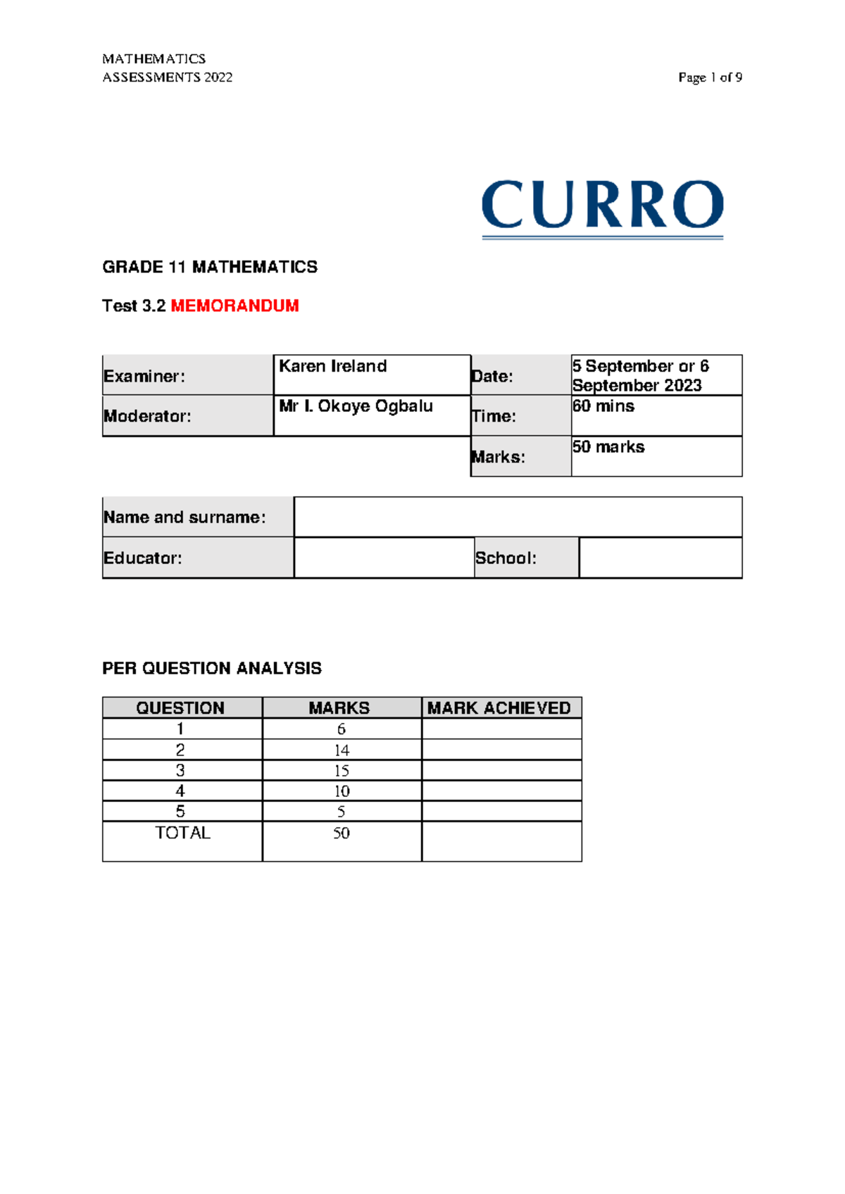 MATHEMATICS GRADE 11 Test 3.2 MEMO 2022 Analysis and Solutions - Studocu