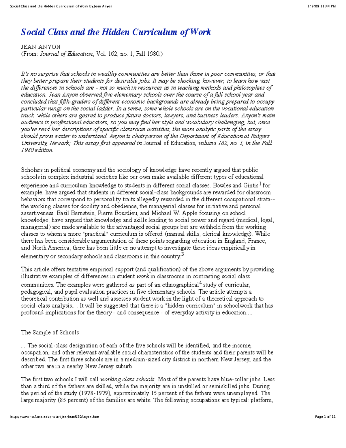 Social Class and the Hidden Curriculum of Work (EDUC 162: Fall 1980 ...