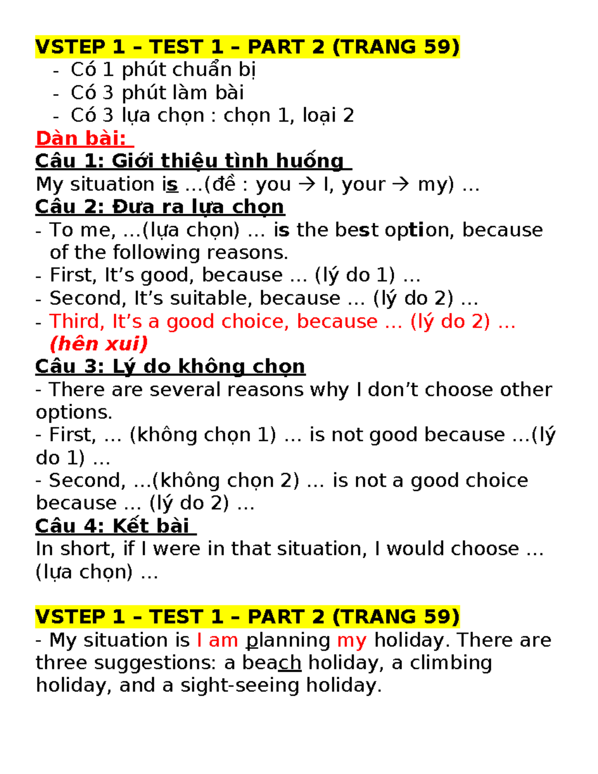 VSTEP 1 - TEST 1 - PART 2 (C) - Holiday Planning Guide - Studocu
