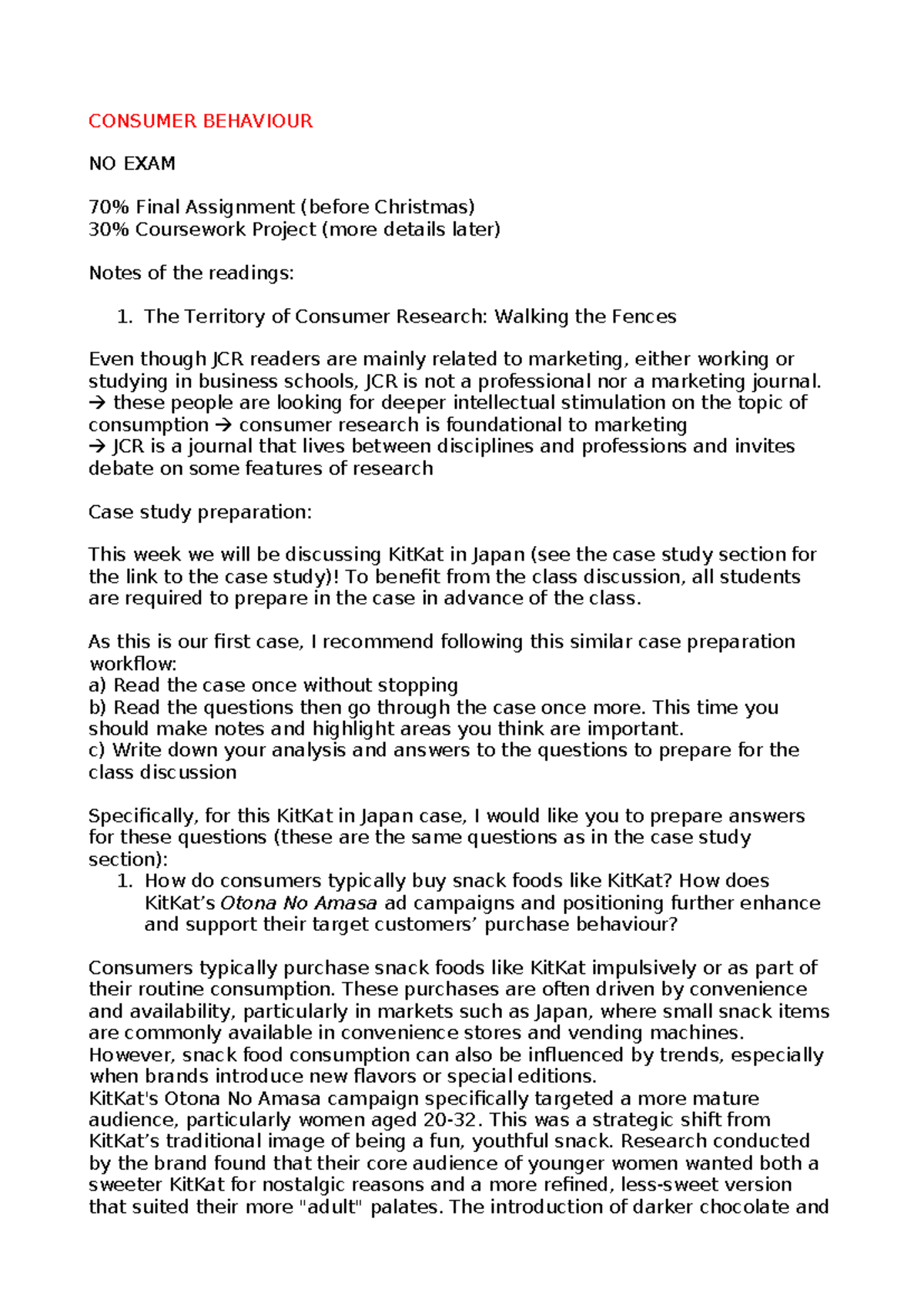 Consumer Behaviour notes - CONSUMER BEHAVIOUR NO EXAM 70% Final ...