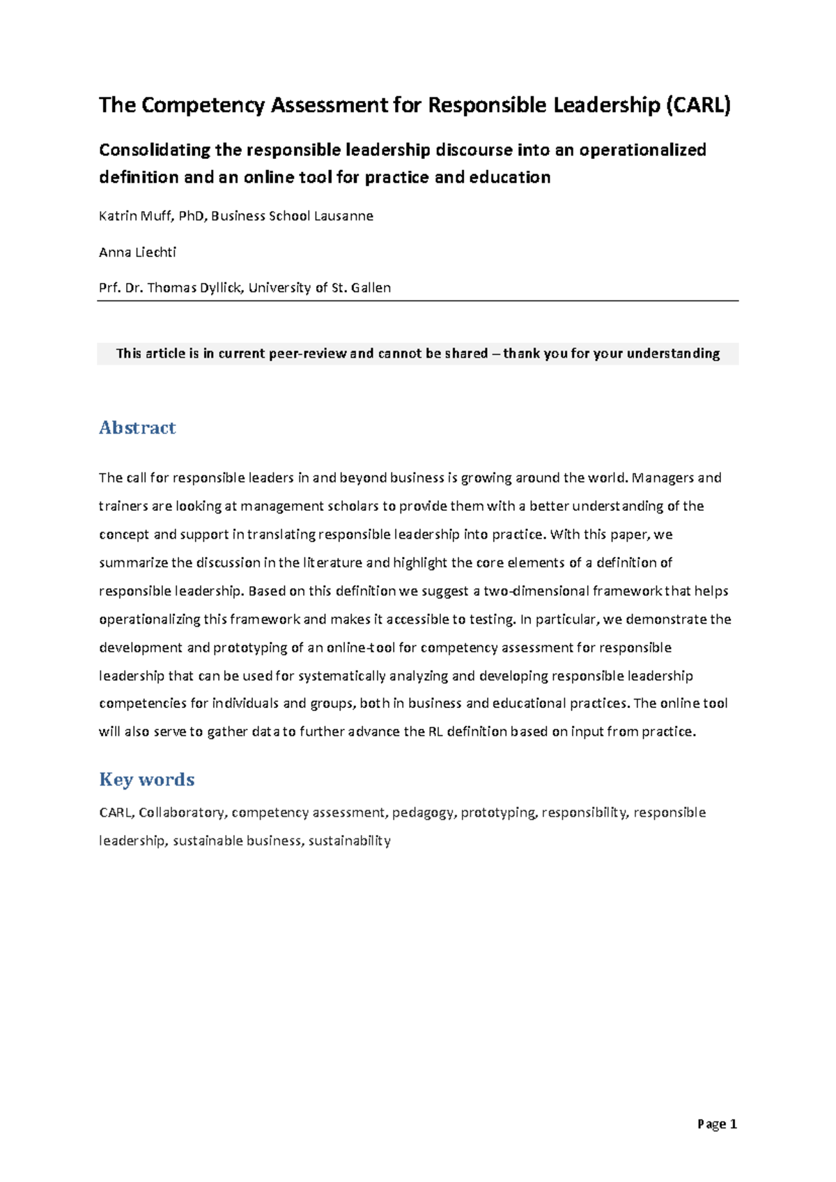 CARL Competency Assessment for Responsible Leadership: Framework and ...