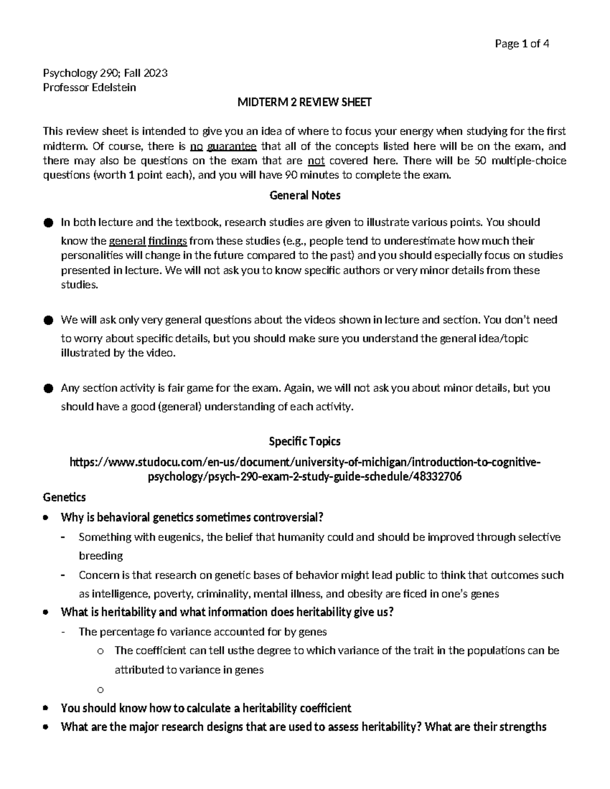 Psychology 290 Midterm 2 Study Guide - Key Concepts Review - Studocu