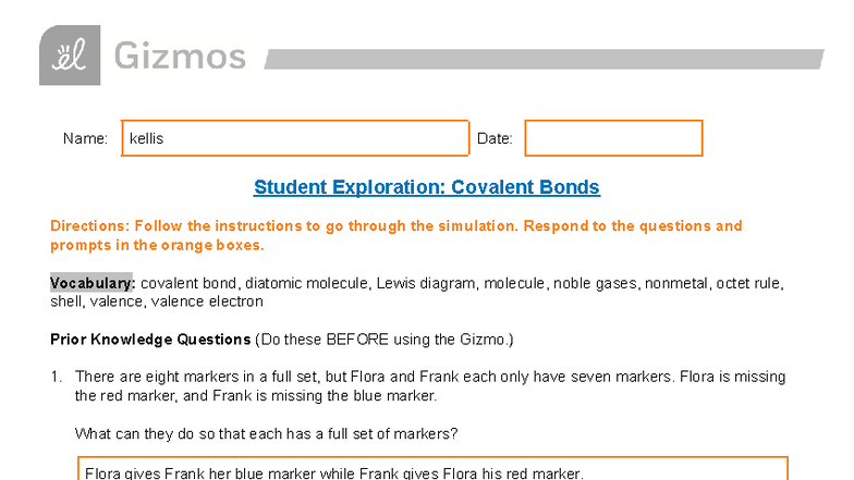 Covalent Bonds SE - Gizmo Assignments Answer Key - Studocu