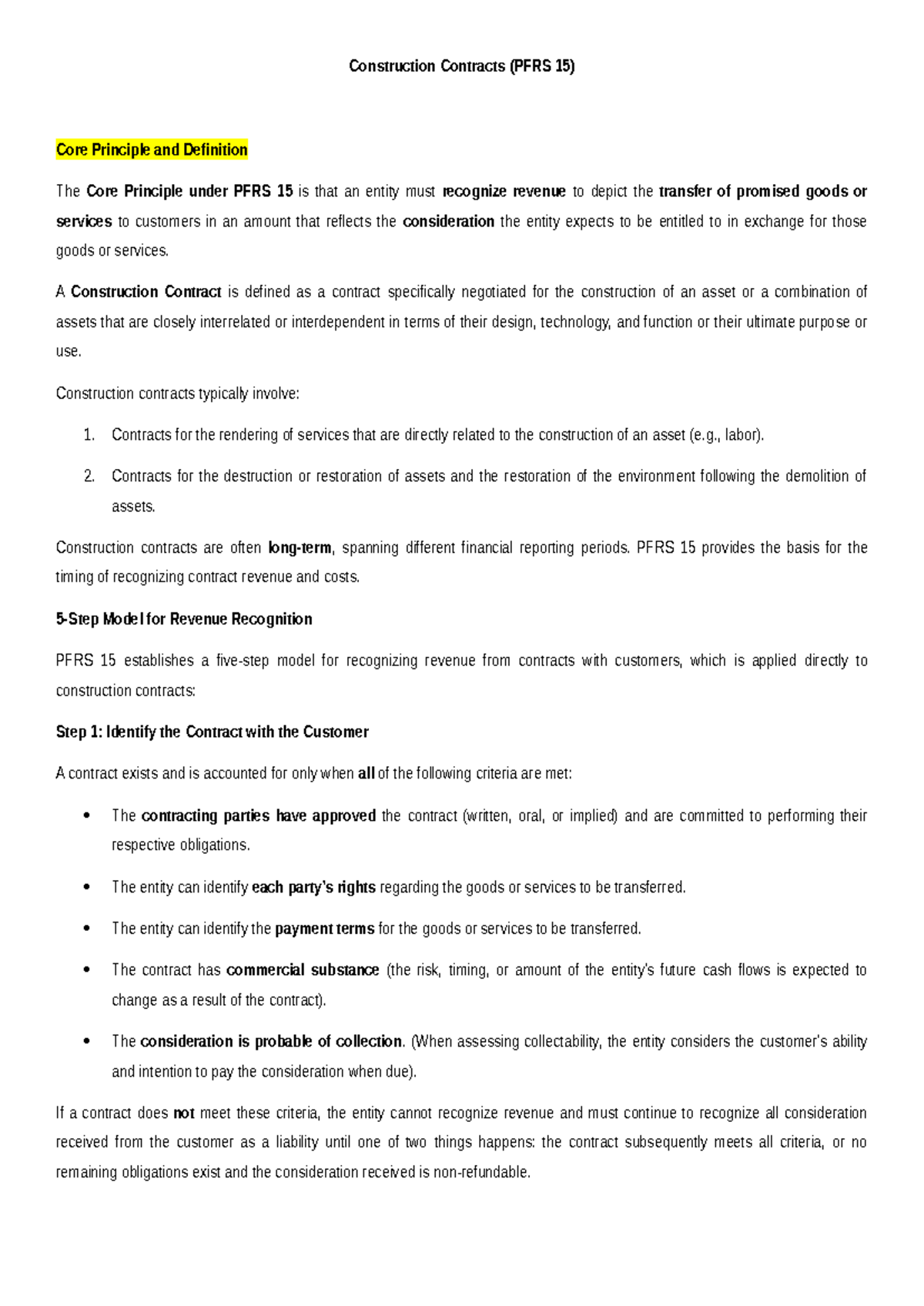 Construction Contracts (PFRS 15) Theories and Core Principles - Studocu