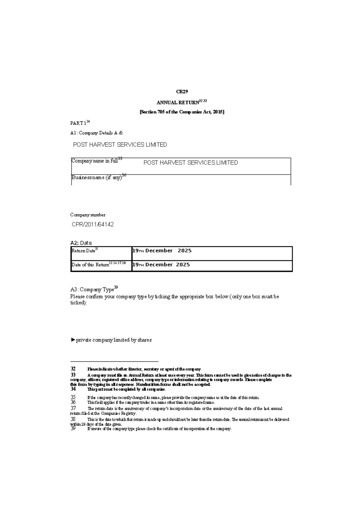 CR29 Annual Return 2025 for Post Harvest Services Limited - Studocu