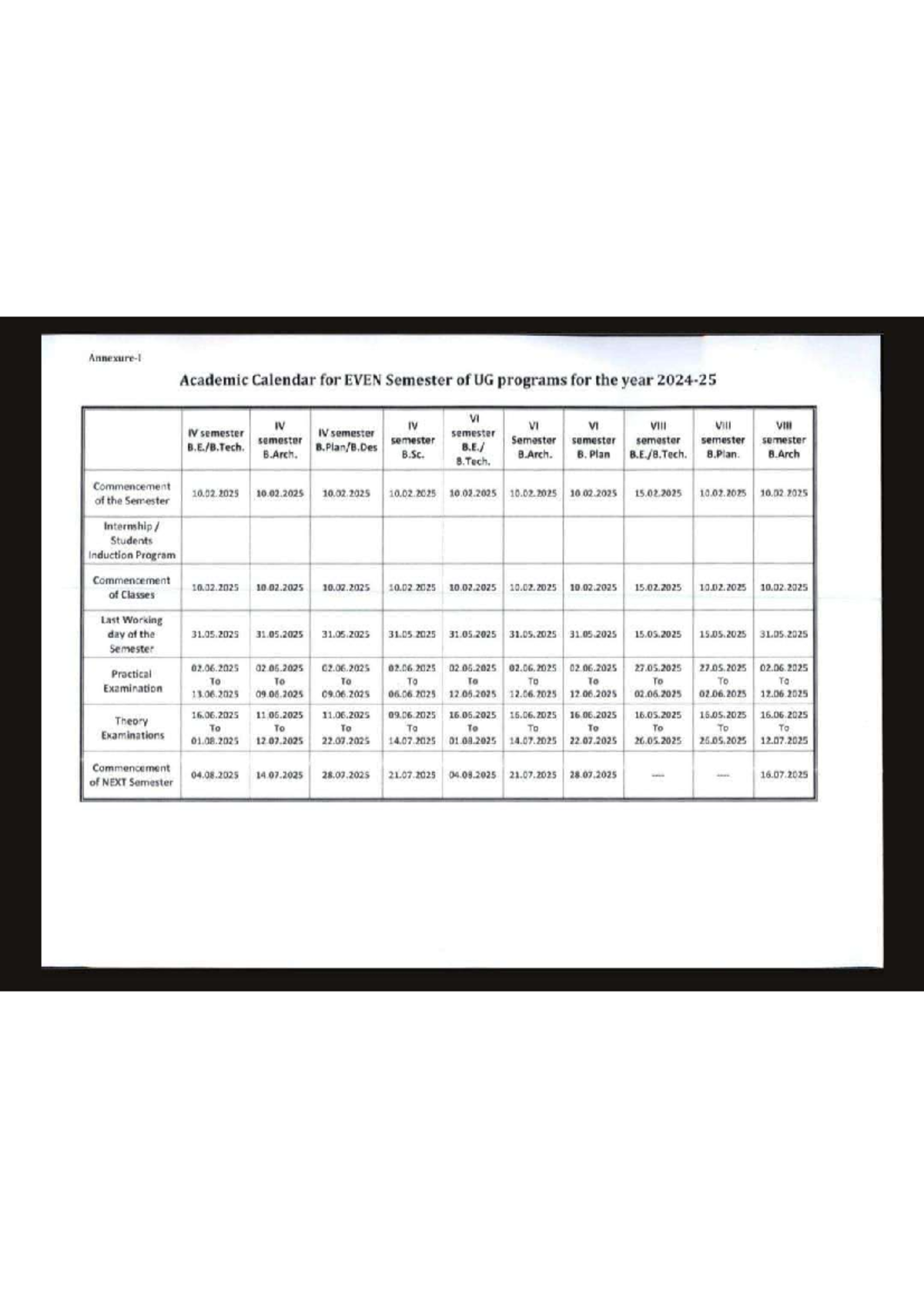UG EVEN Semester Academic Calendar 2025 for B.Arch, B.Sc, B.Tech - Studocu