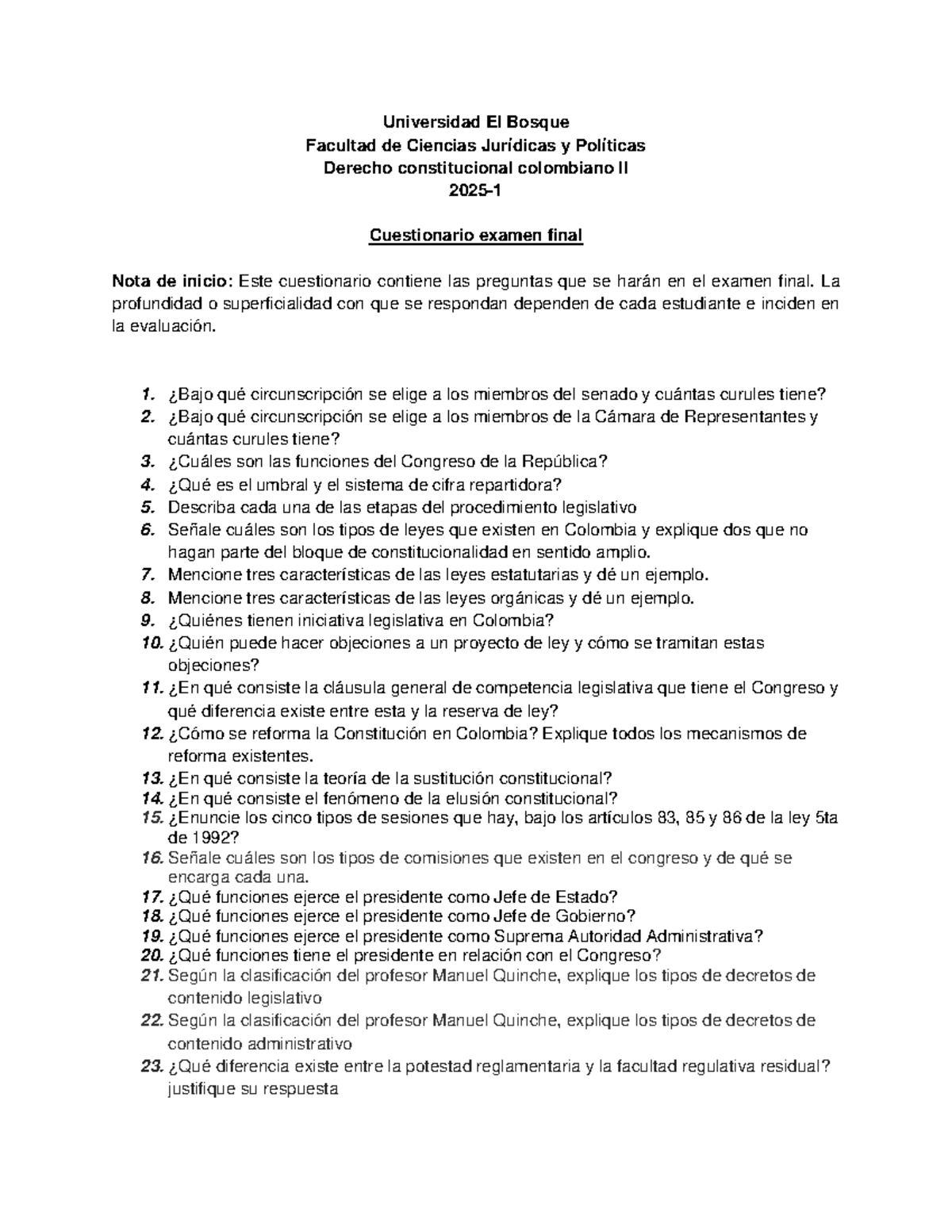 Cuestionario Examen Final - Derecho Constitucional II (DC-2023) - Studocu
