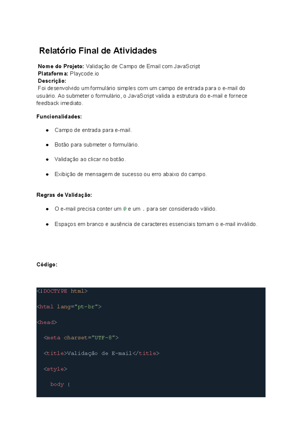 Relatório Final de Atividades: Validação de Email com JavaScript - Studocu