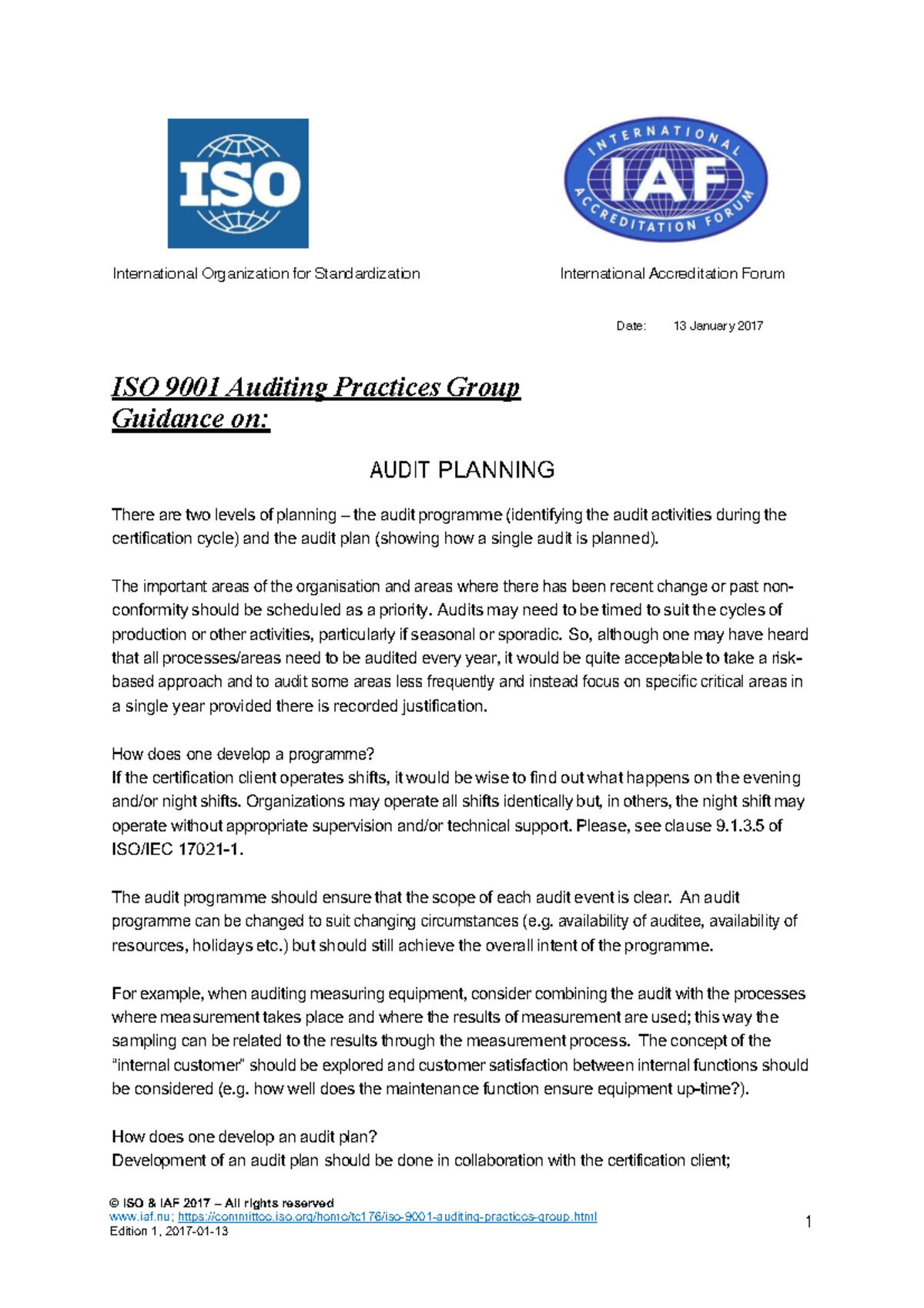 ISO 9001 Auditing Practices Group Guidance: Audit Planning (ISO IAF ...
