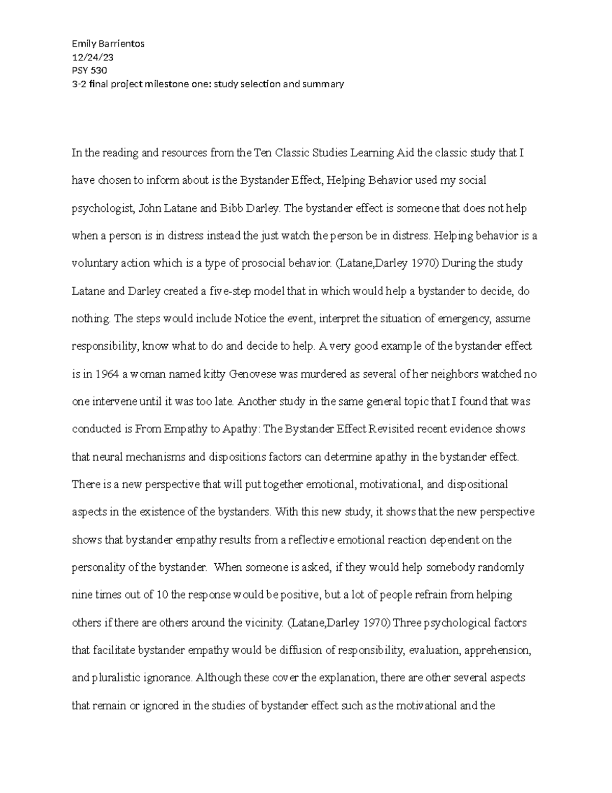 PSY 530 Final Project Milestone One: Summary on Bystander Effect - Studocu
