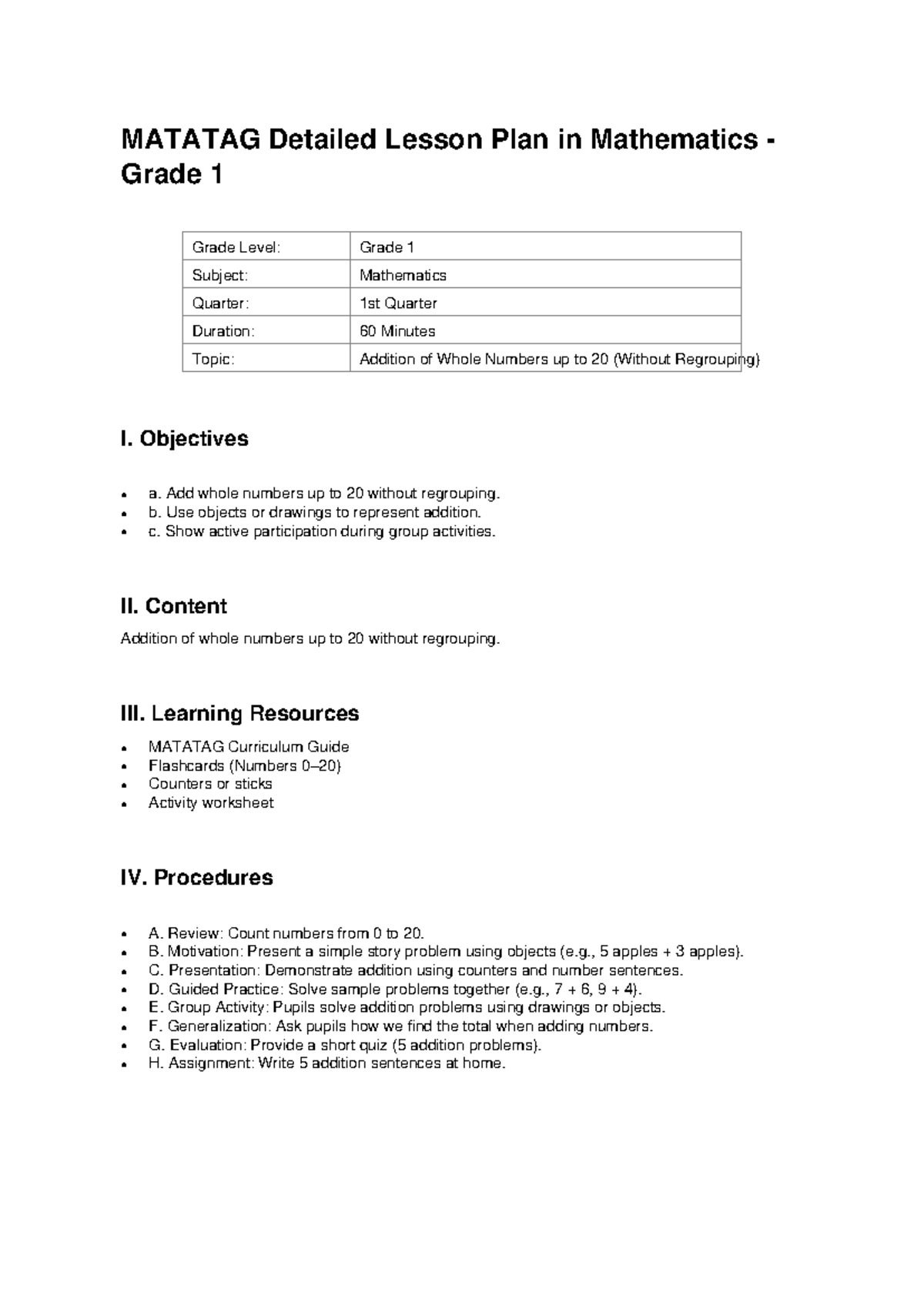MATATAG Detailed Lesson Plan: Math Grade 1 - Addition (1st Quarter ...