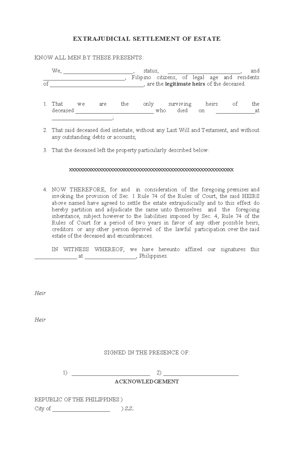 DEED OF Extrajudicial Settlement - EXTRAJUDICIAL SETTLEMENT OF ESTATE ...