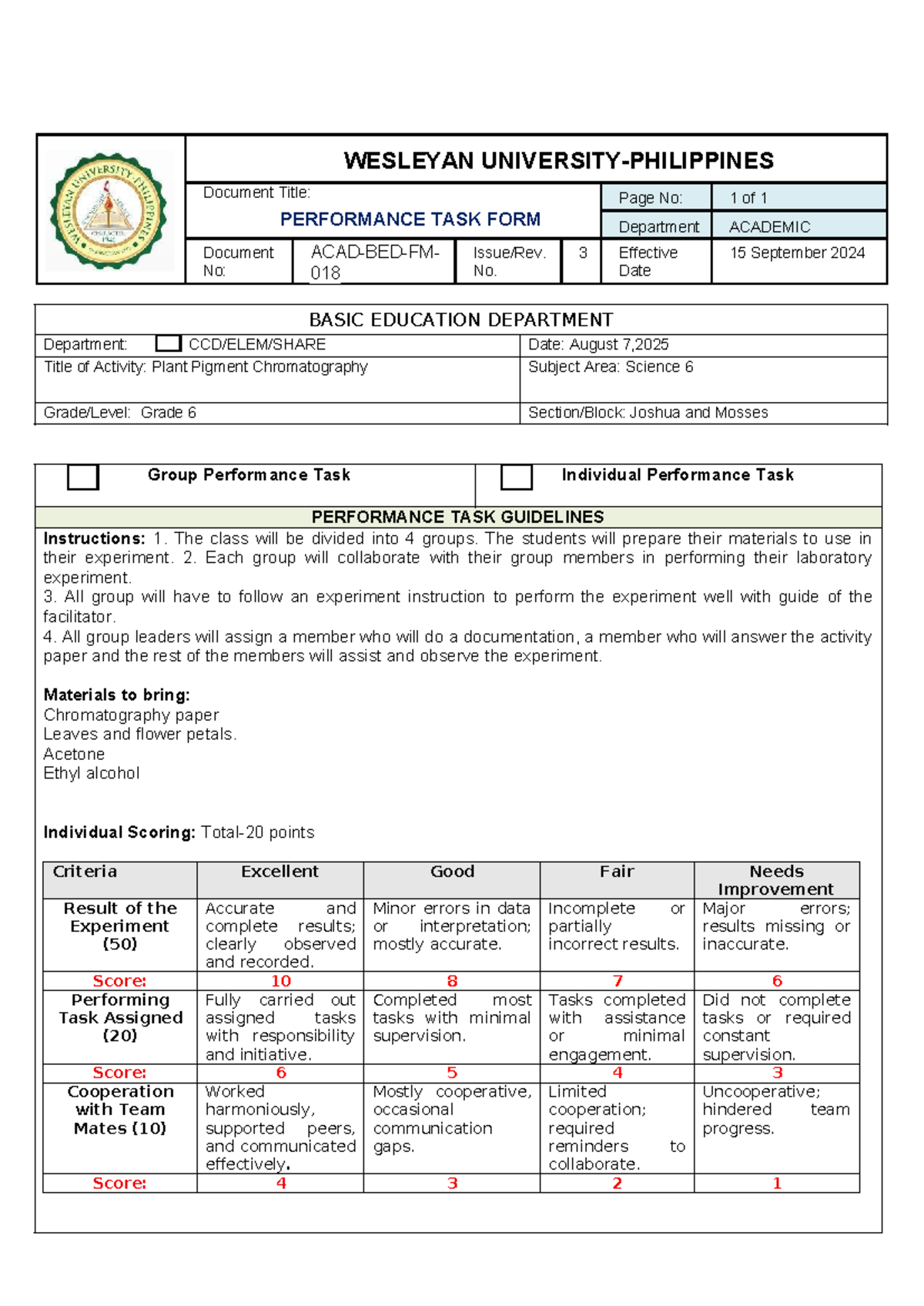 Grade 6 Science Performance Task: Plant Pigment Chromatography - Studocu