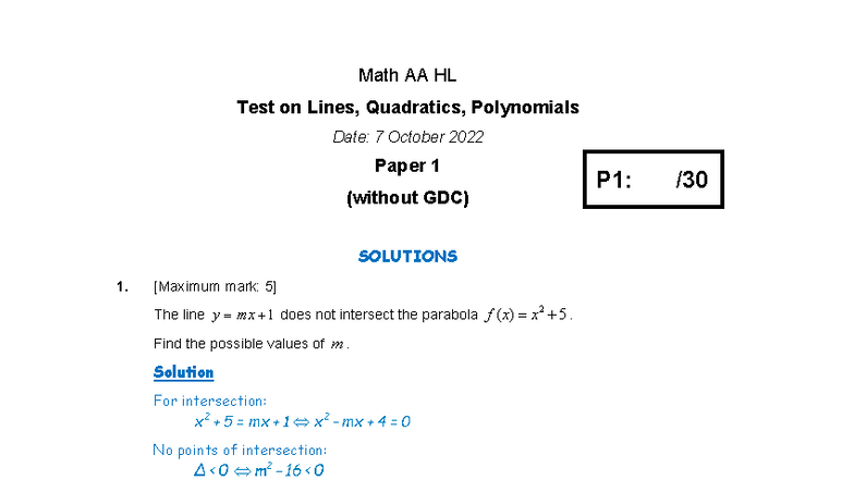 Math AA HL Test 9: Solutions for Lines, Quadratics, Polynomials - Studocu