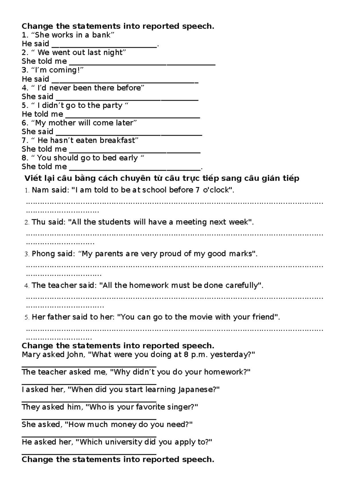 Reported Speech Exercises for English 101: Transforming Direct to ...