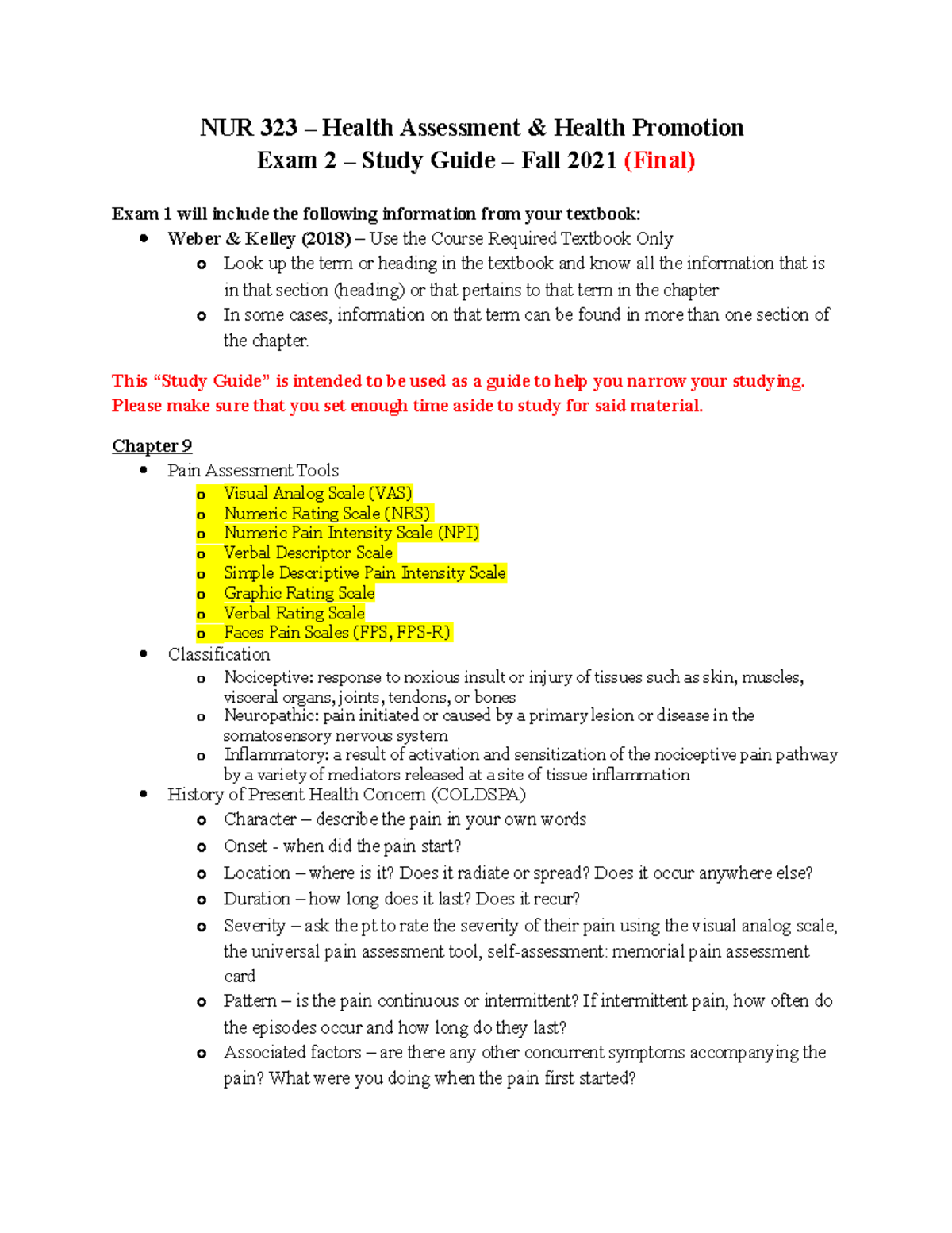 NUR 323 Exam 2 Health Assessment Study Guide (Fall 2021) - Studocu