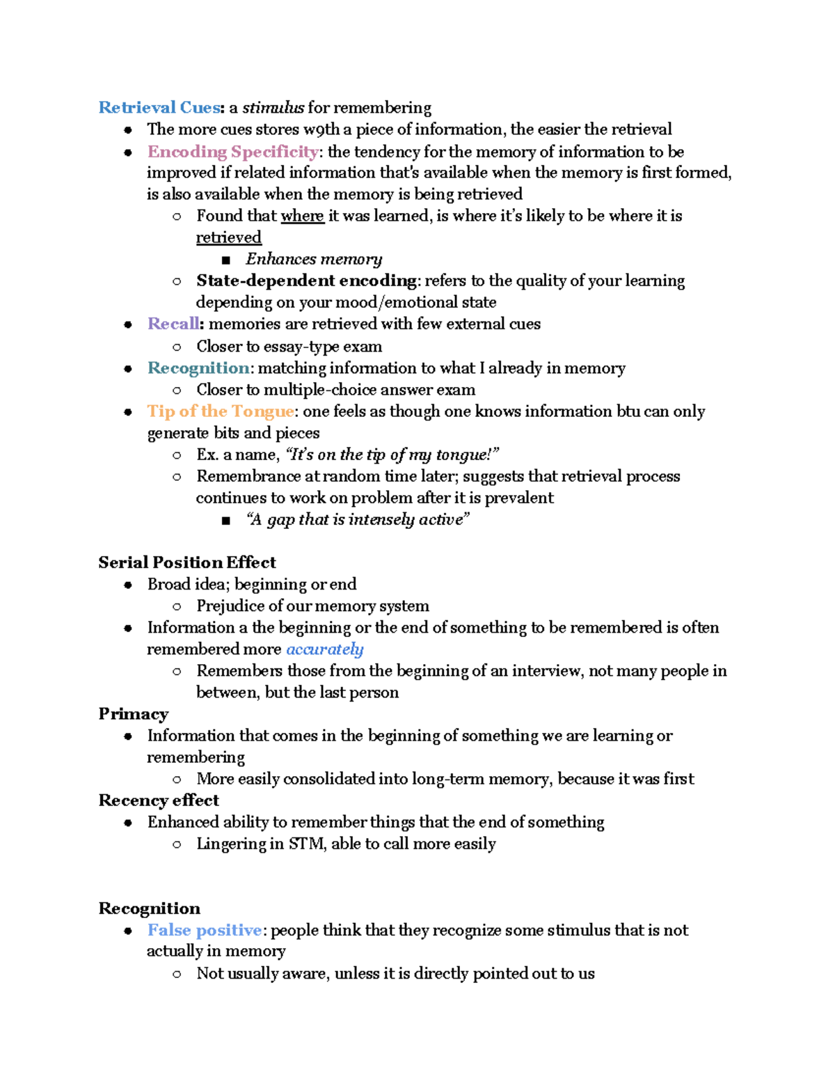 Psych 4 - Lecture Notes on Memory Retrieval Cues and Effects - Studocu