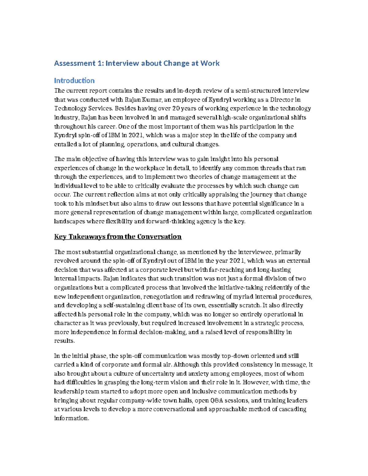 Assignment 1: Interview Insights on Change Management at Kyndryl - Studocu