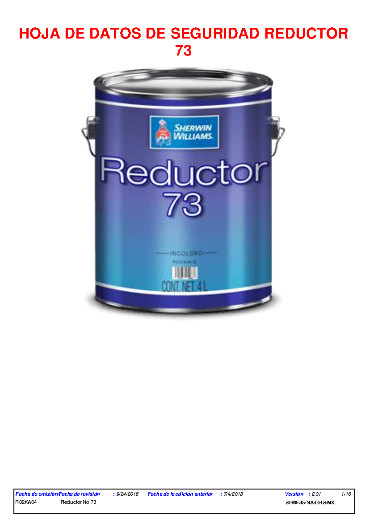 Hoja de Datos de Seguridad para el Reductor No. 73 (Versión 2) - Document Preview