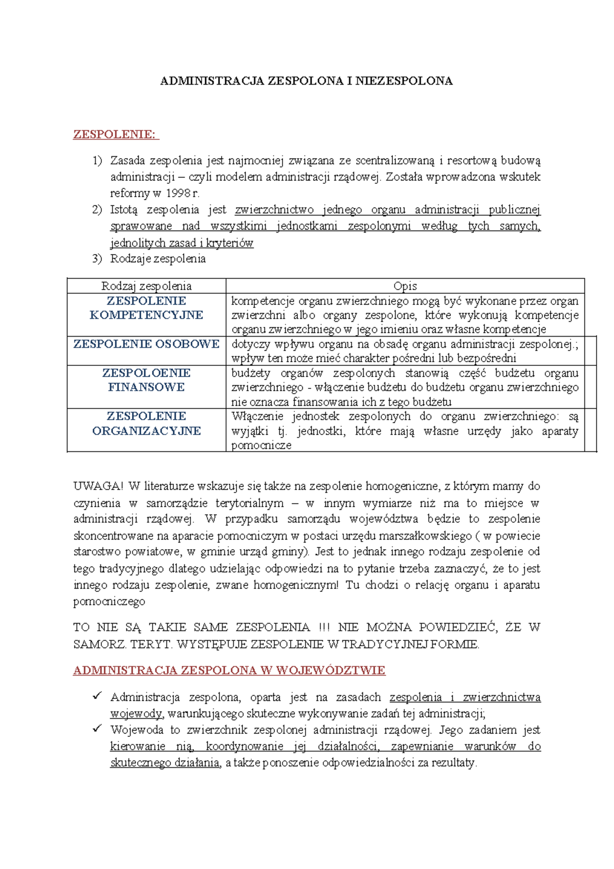 Administracja Zespolona i Niezespolona - Opracowanie (WYKŁAD) - Studocu