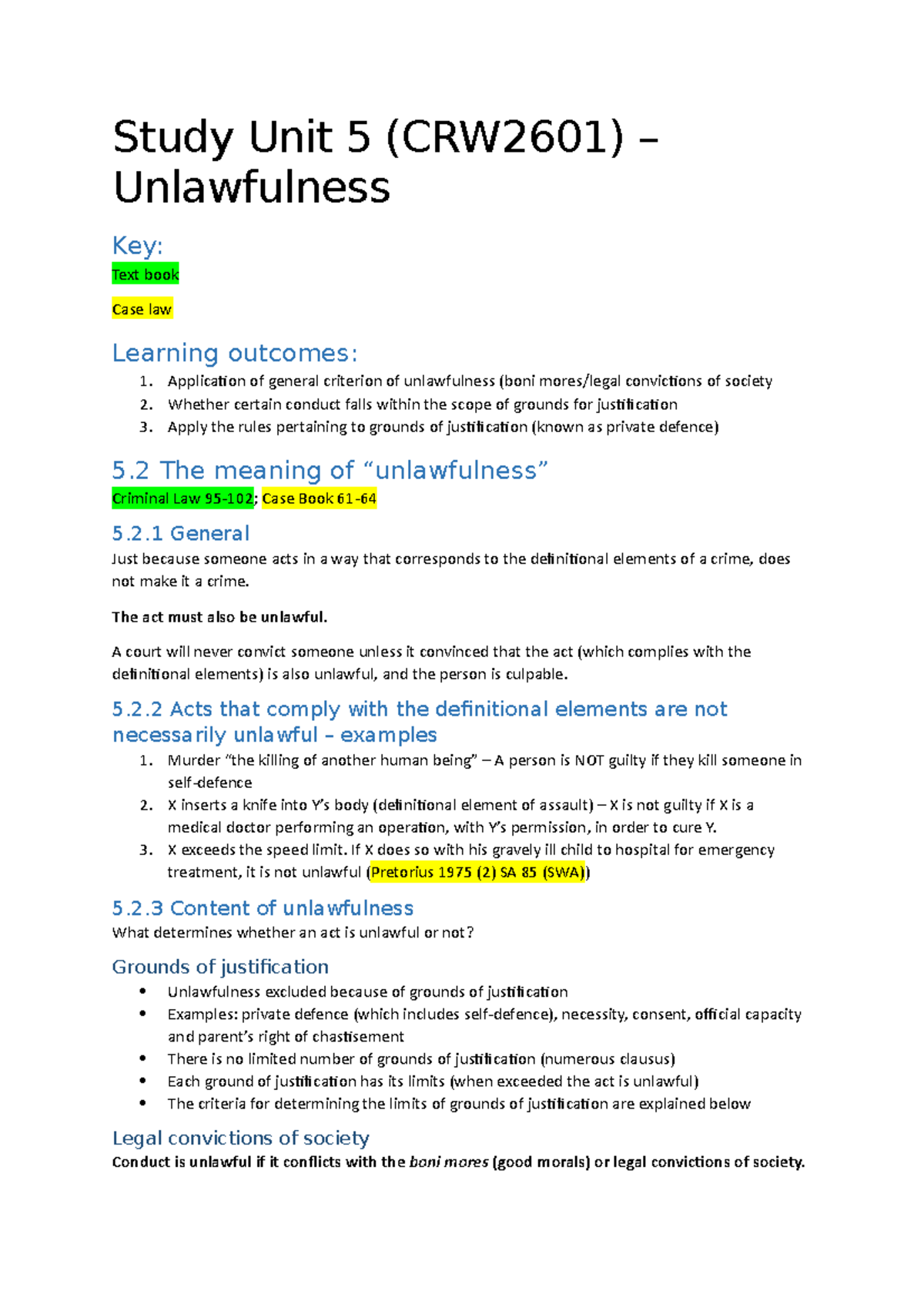 Unlawfulness and Justification in Criminal Law (CRW2601) - Study Unit 5 ...