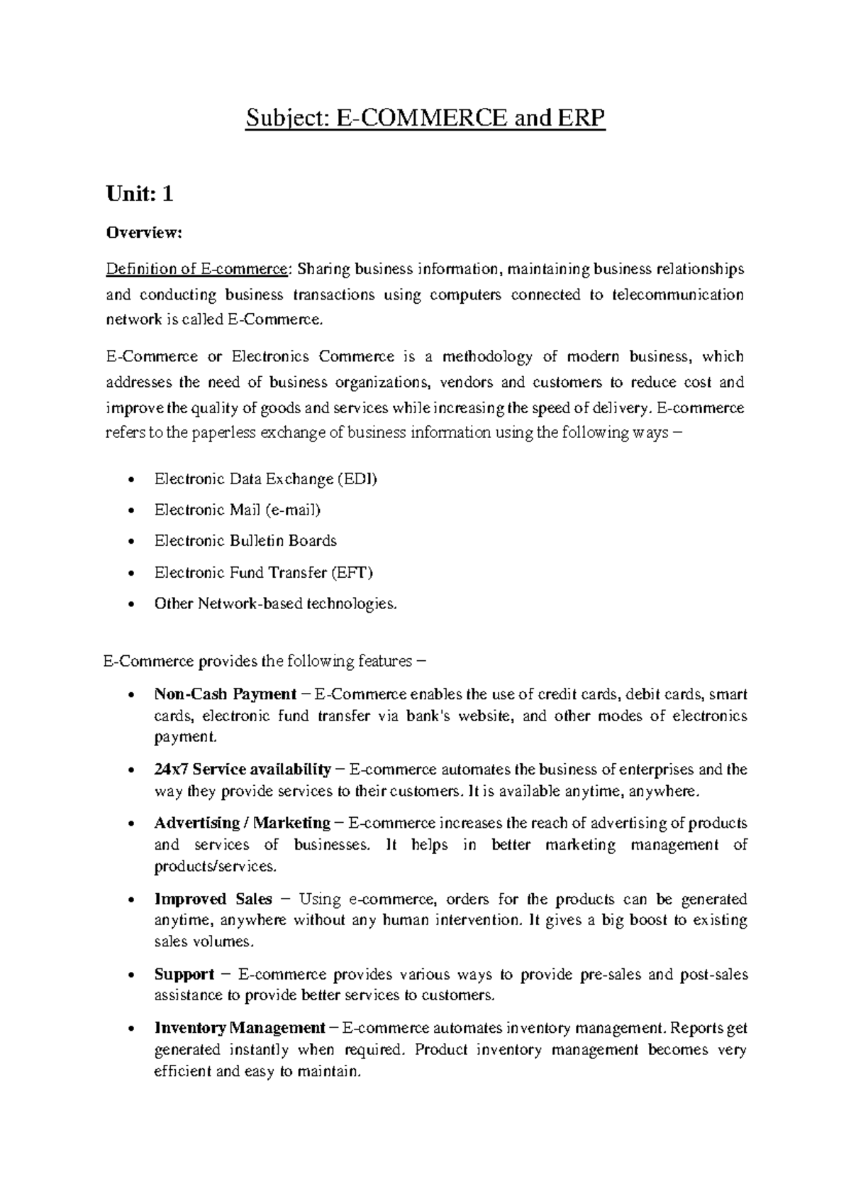 E-commerce ERP - Unit 1 Notes on E-commerce Fundamentals - Studocu